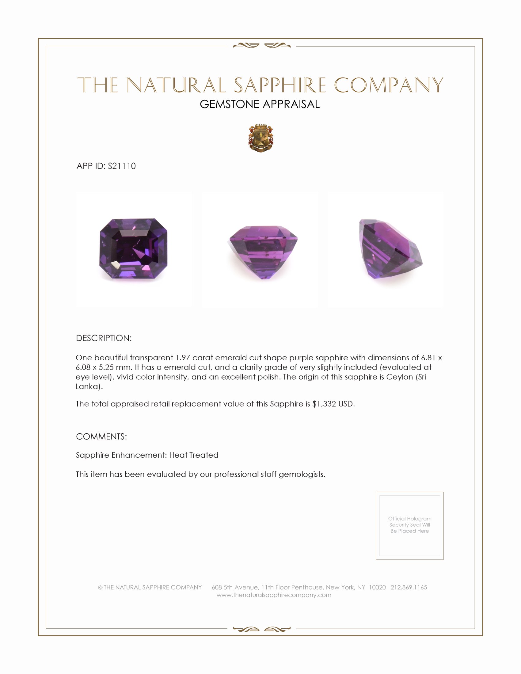 1.97 Ct. Purple Sapphire from Ceylon (Sri Lanka)