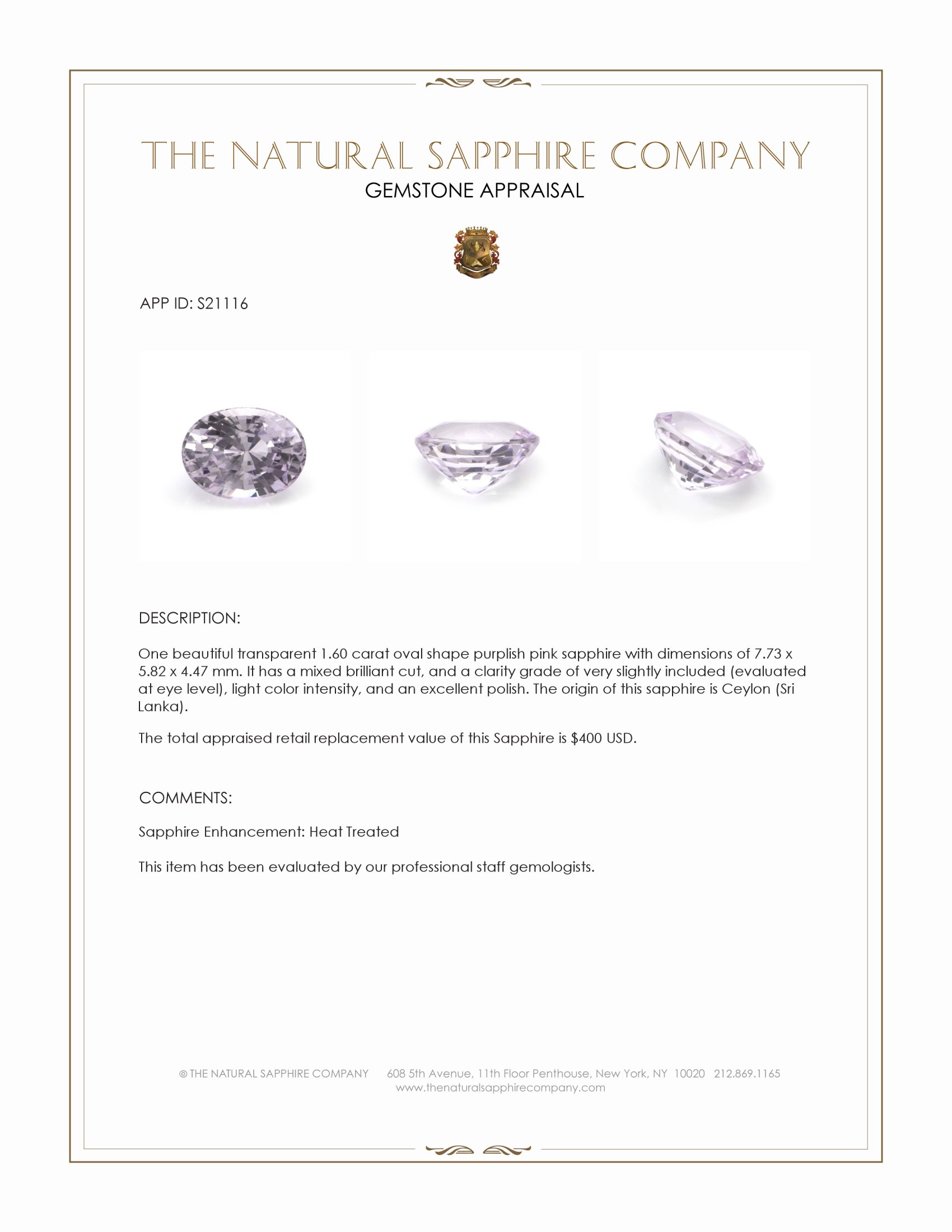 1.60 Ct. Purplish Pink Sapphire from Ceylon (Sri Lanka)