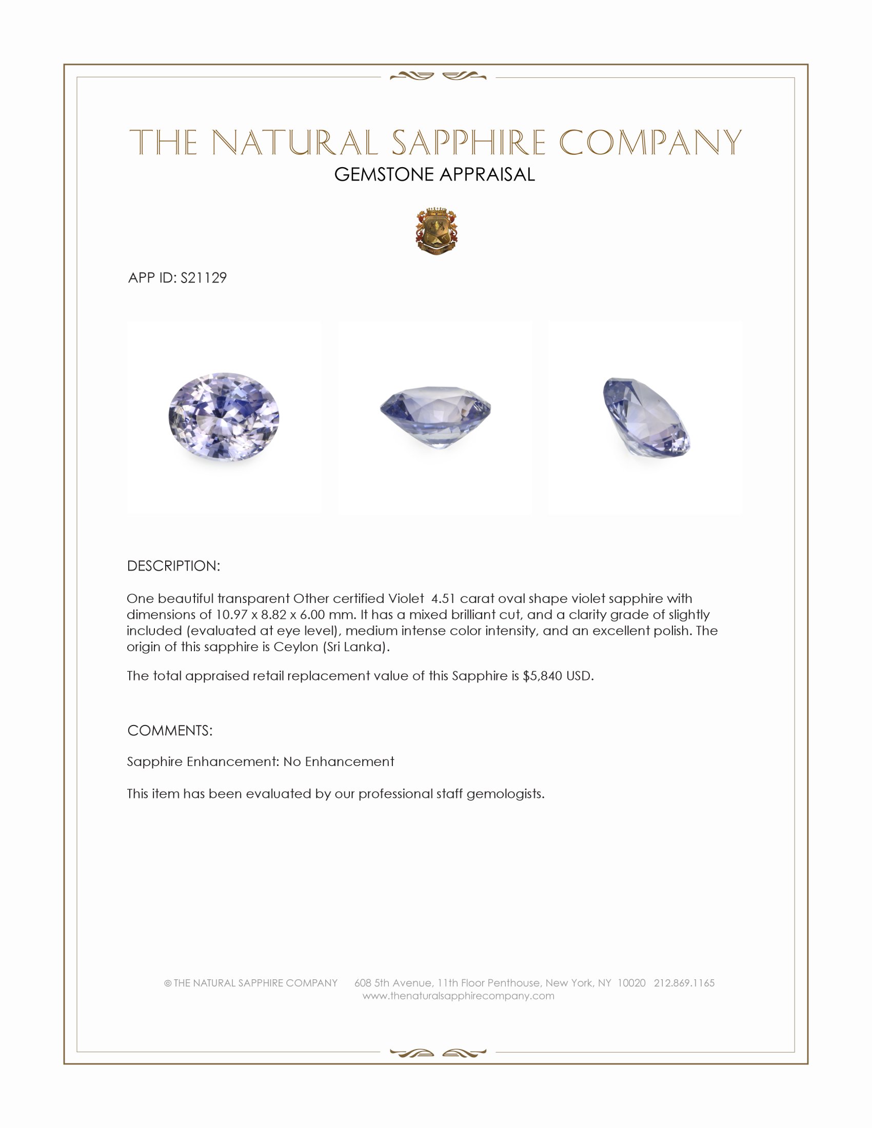 4.51 Ct. Violet Sapphire from Ceylon (Sri Lanka)