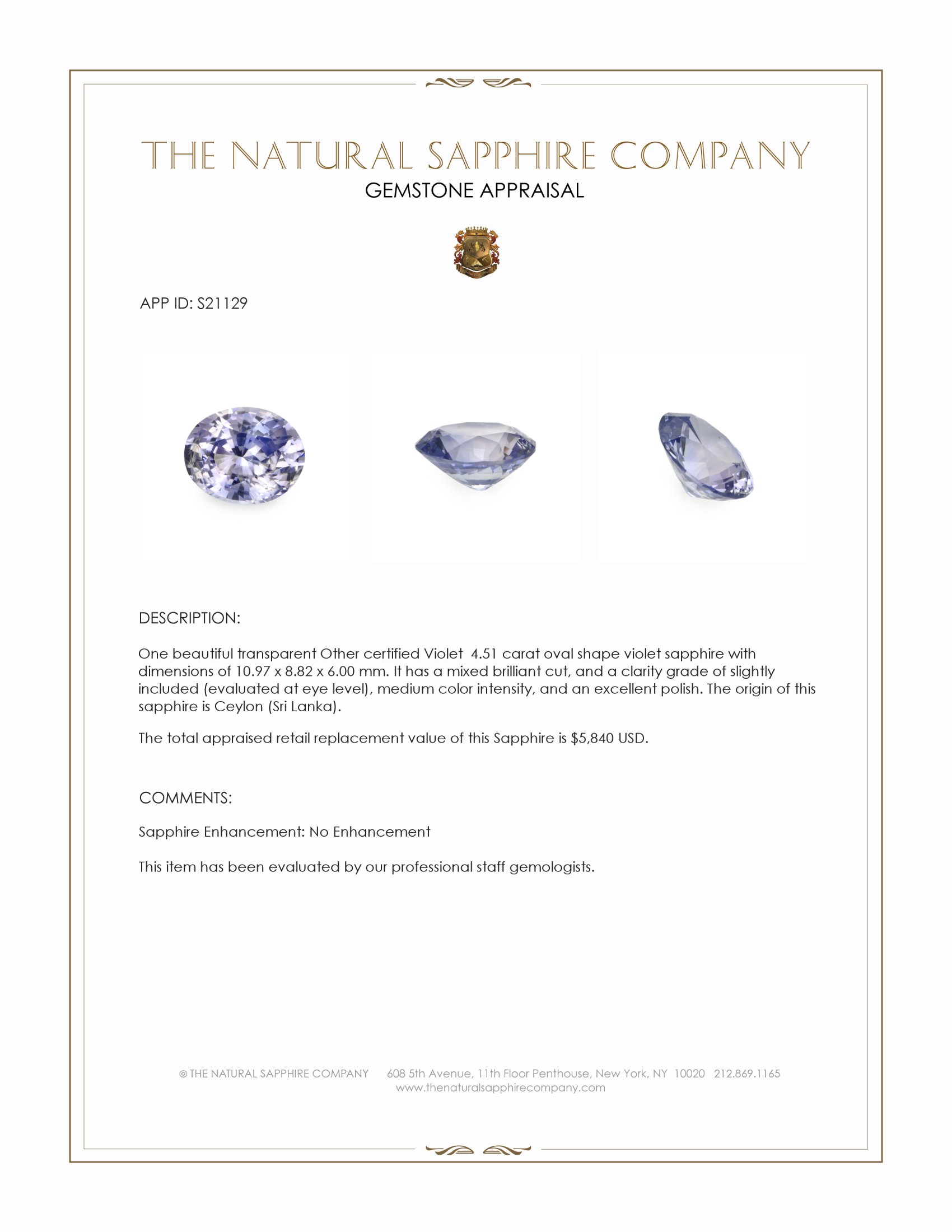 4.51 Ct. Violet Sapphire from Ceylon (Sri Lanka)