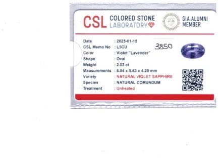 2.03 Ct. Violet Sapphire from Ceylon (Sri Lanka)