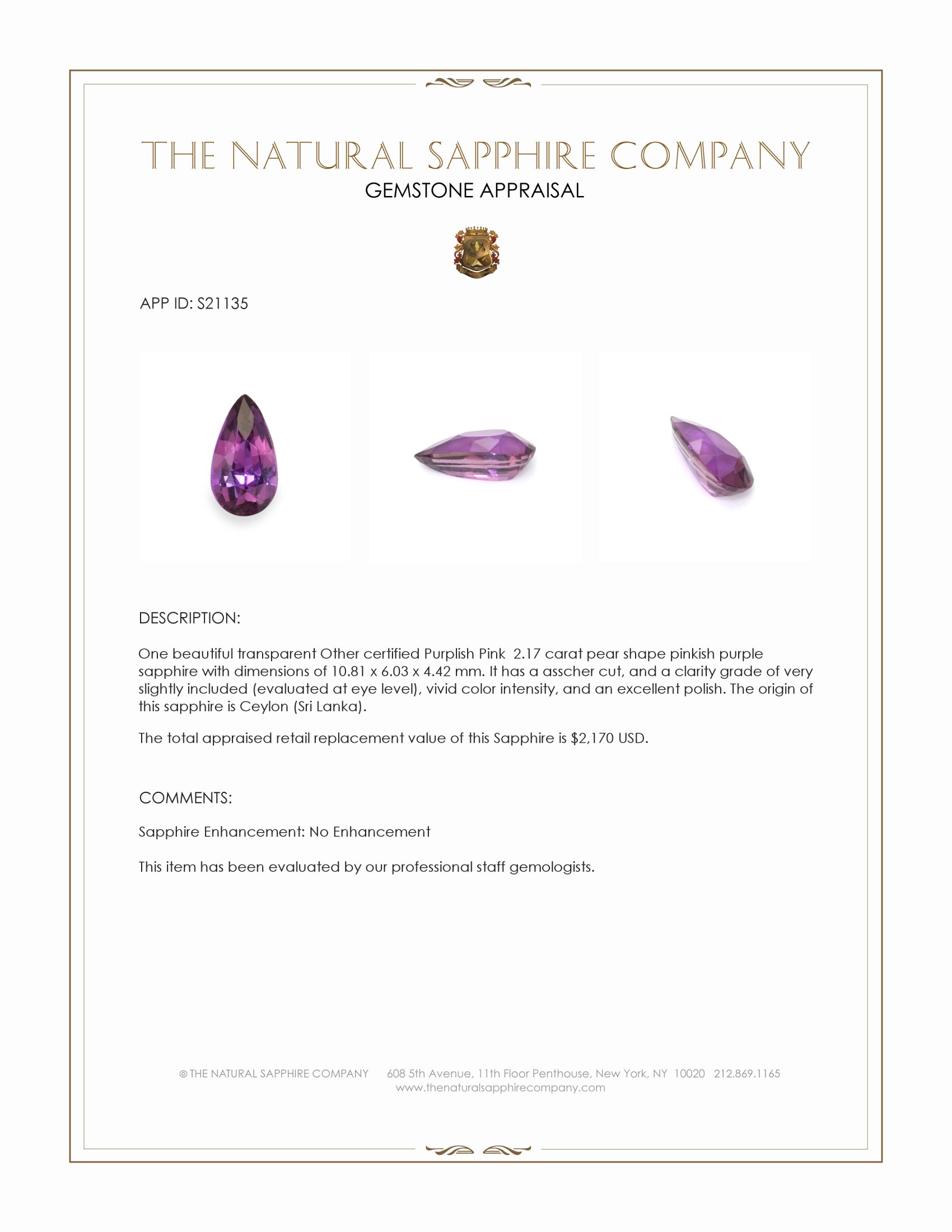 2.17 Ct. Pinkish Purple Sapphire from Ceylon (Sri Lanka)