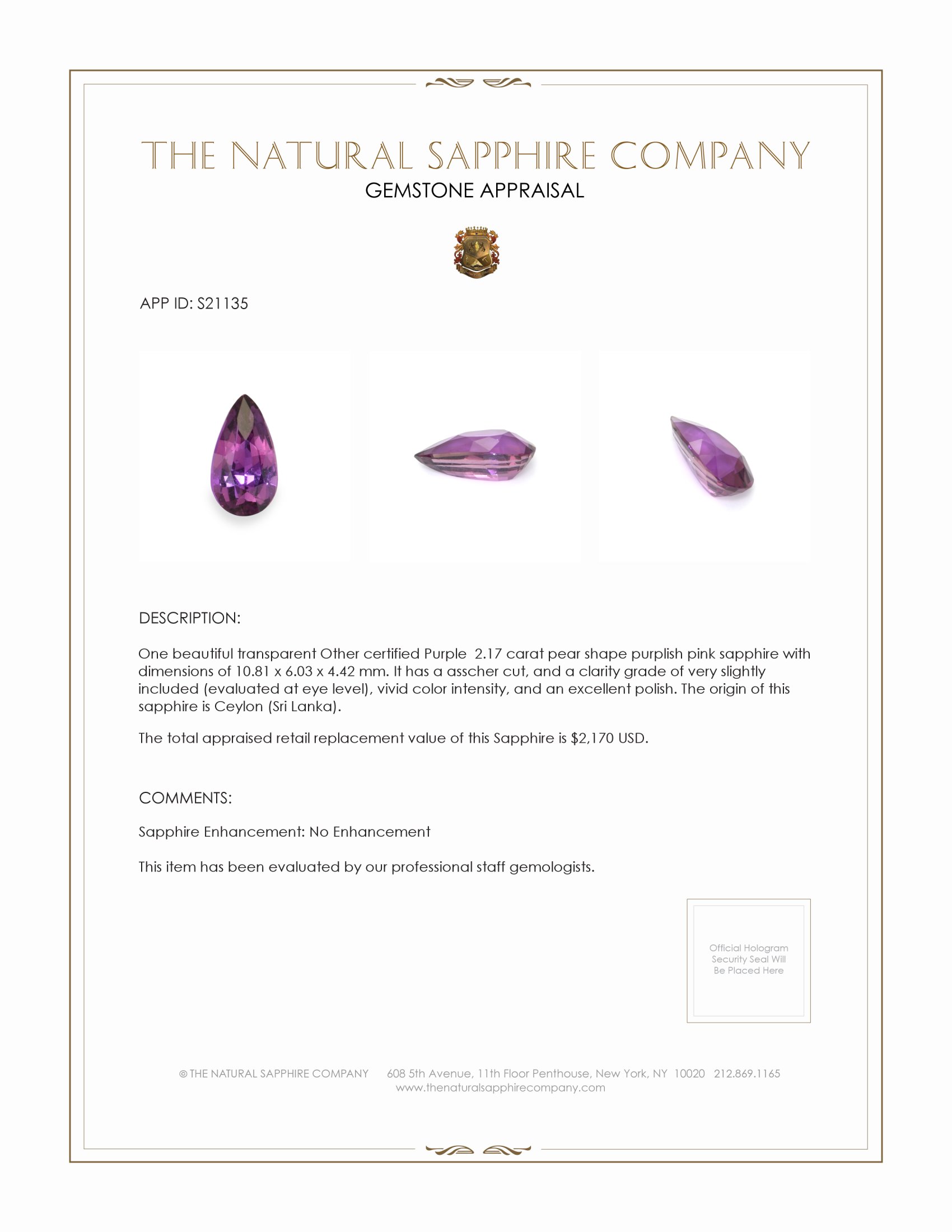 2.17 Ct. Purplish Pink Sapphire from Ceylon (Sri Lanka)