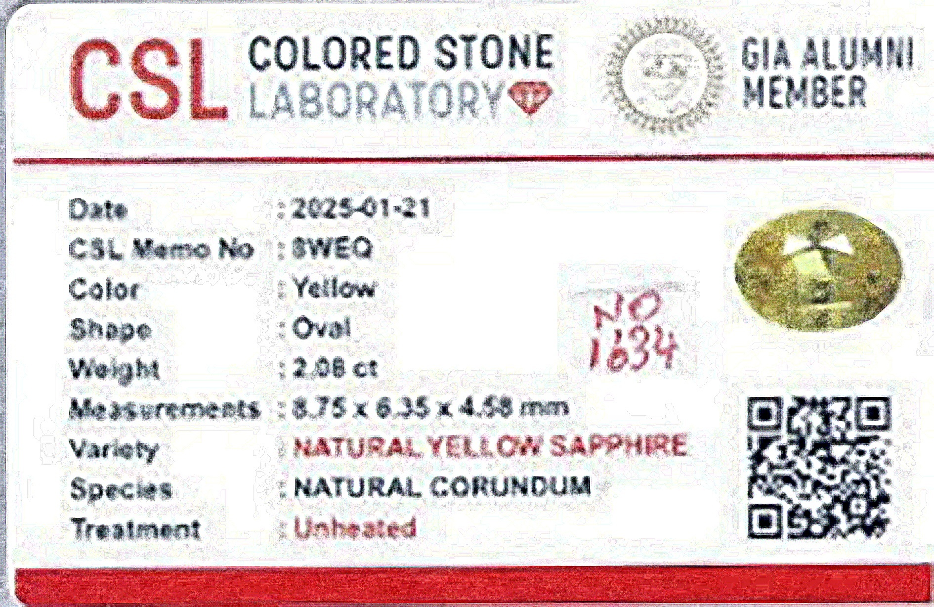 2.08 Ct. Yellow Sapphire from Ceylon (Sri Lanka)