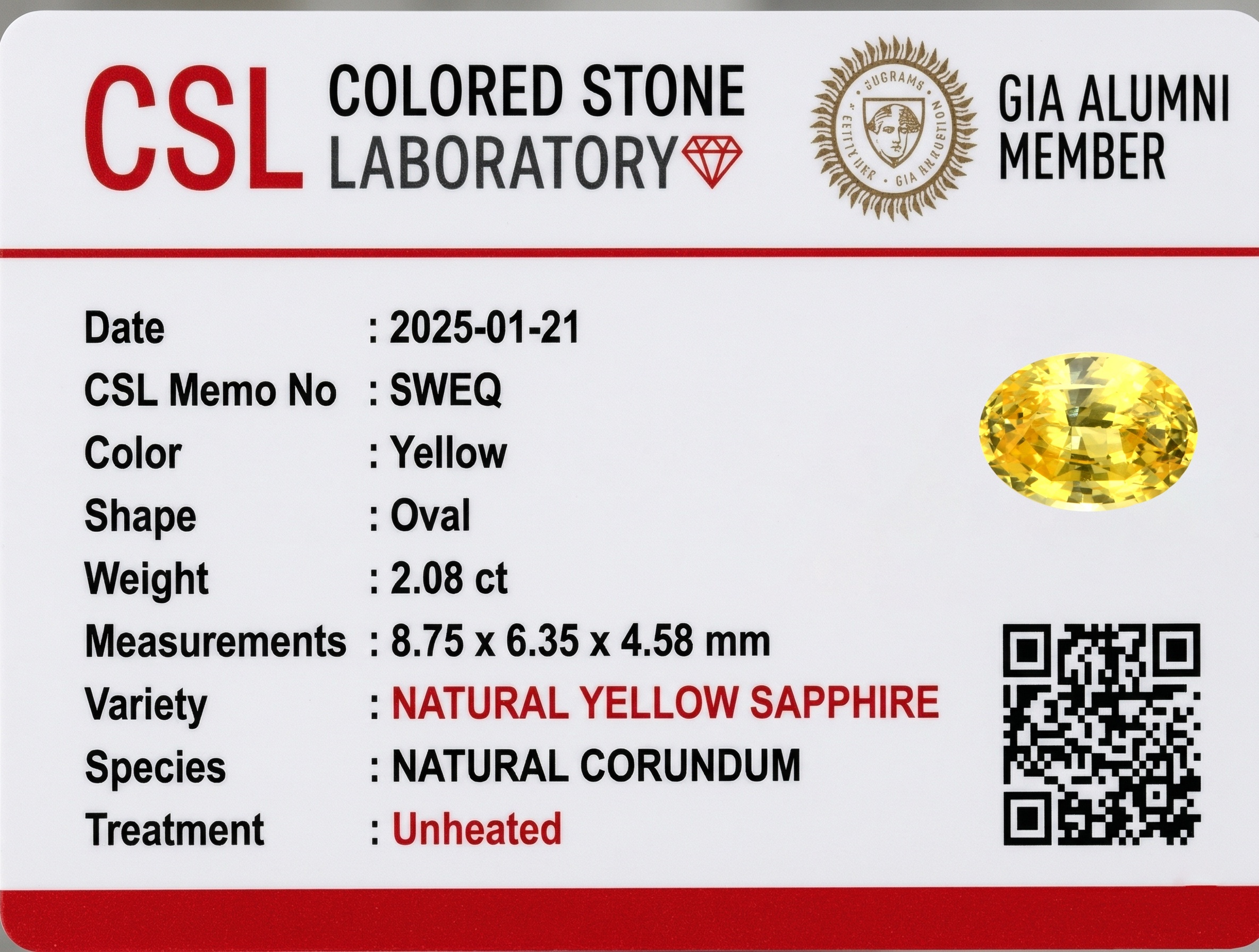 2.08 Ct. Yellow Sapphire from Ceylon (Sri Lanka)