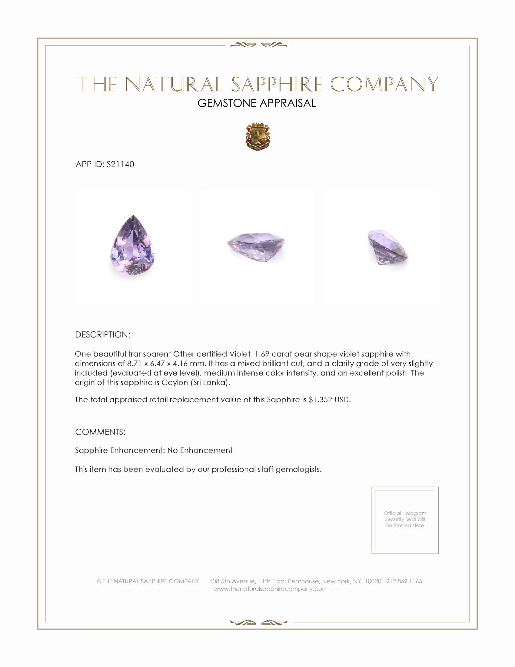 1.69 Ct. Violet Sapphire from Ceylon (Sri Lanka)