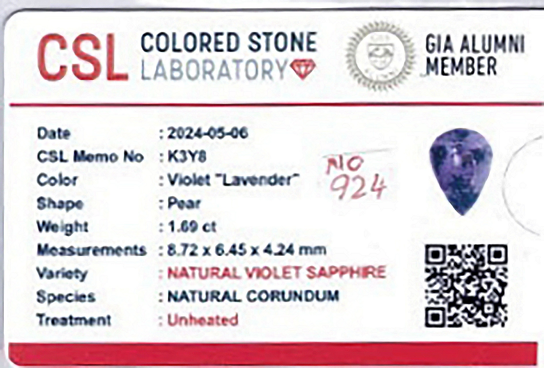 1.69 Ct. Violet Sapphire from Ceylon (Sri Lanka)