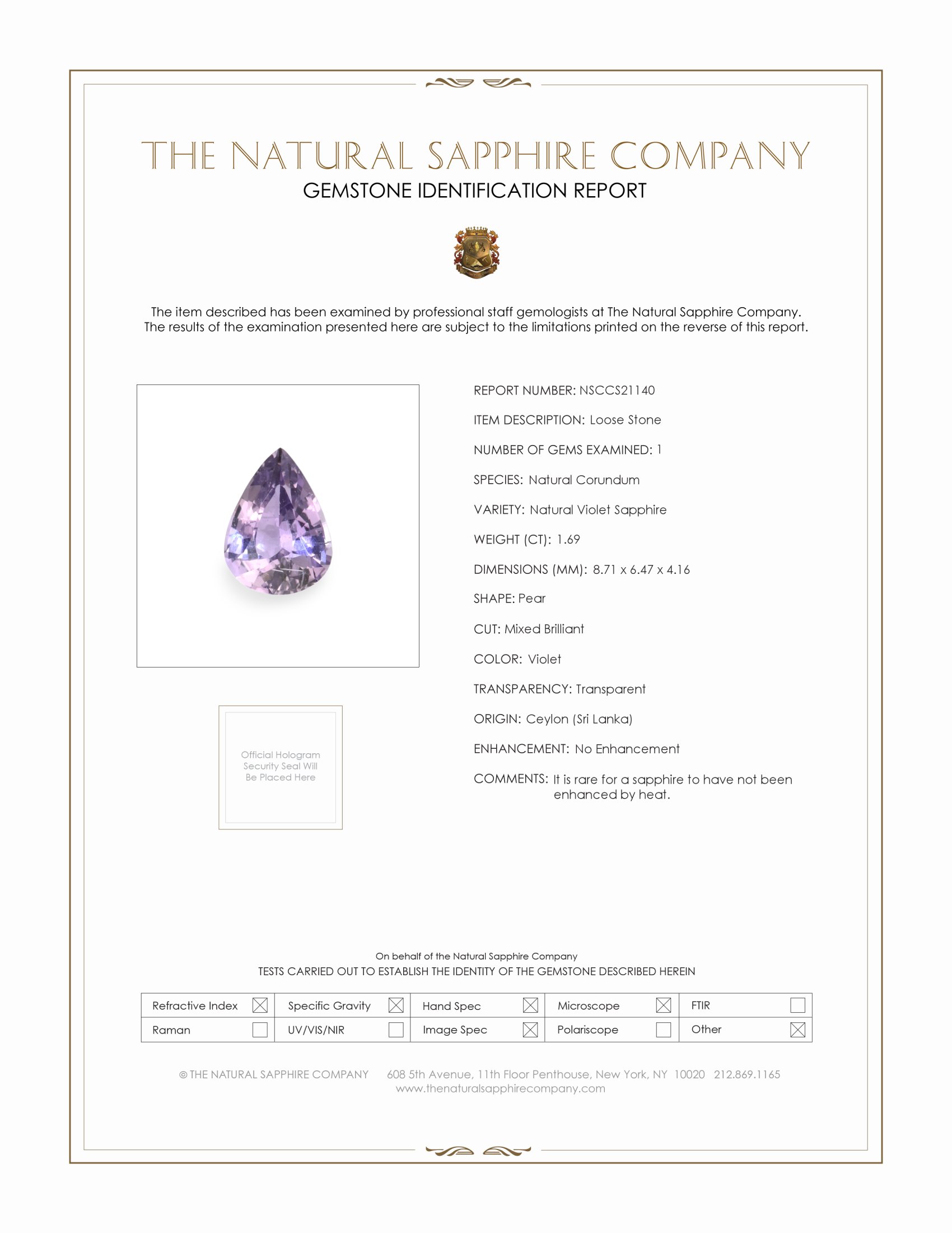 1.69 Ct. Violet Sapphire from Ceylon (Sri Lanka)