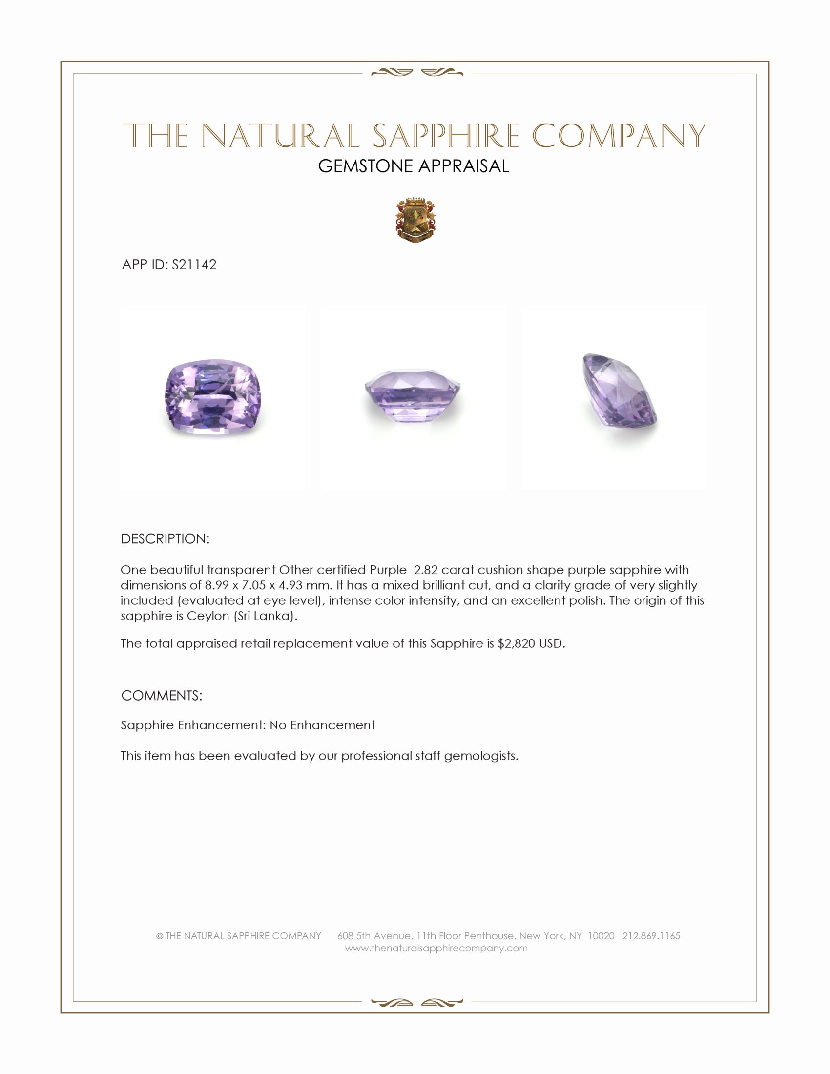 2.82 Ct. Purple Sapphire from Ceylon (Sri Lanka)