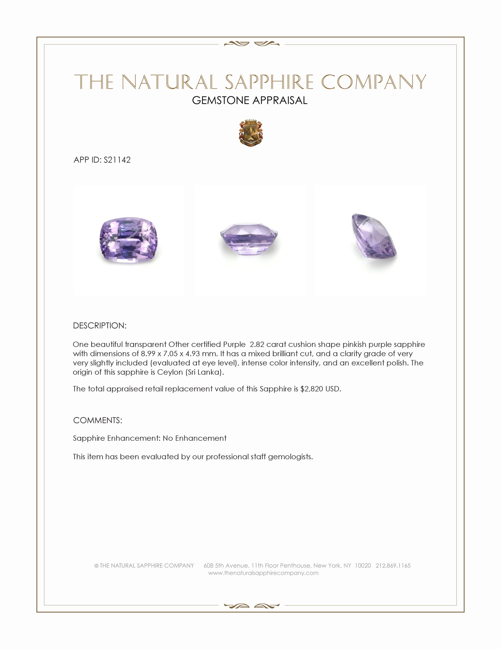 2.82 Ct. Pinkish Purple Sapphire from Ceylon (Sri Lanka)