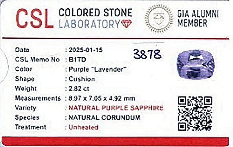 2.82 Ct. Purple Sapphire from Ceylon (Sri Lanka)