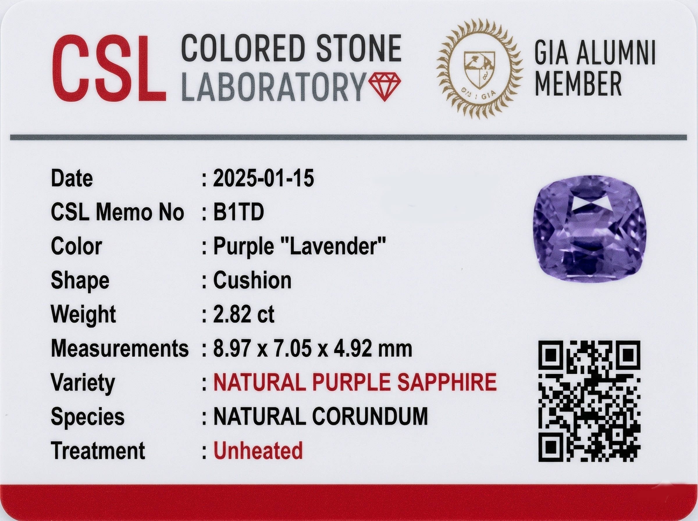 2.82 Ct. Purple Sapphire from Ceylon (Sri Lanka)