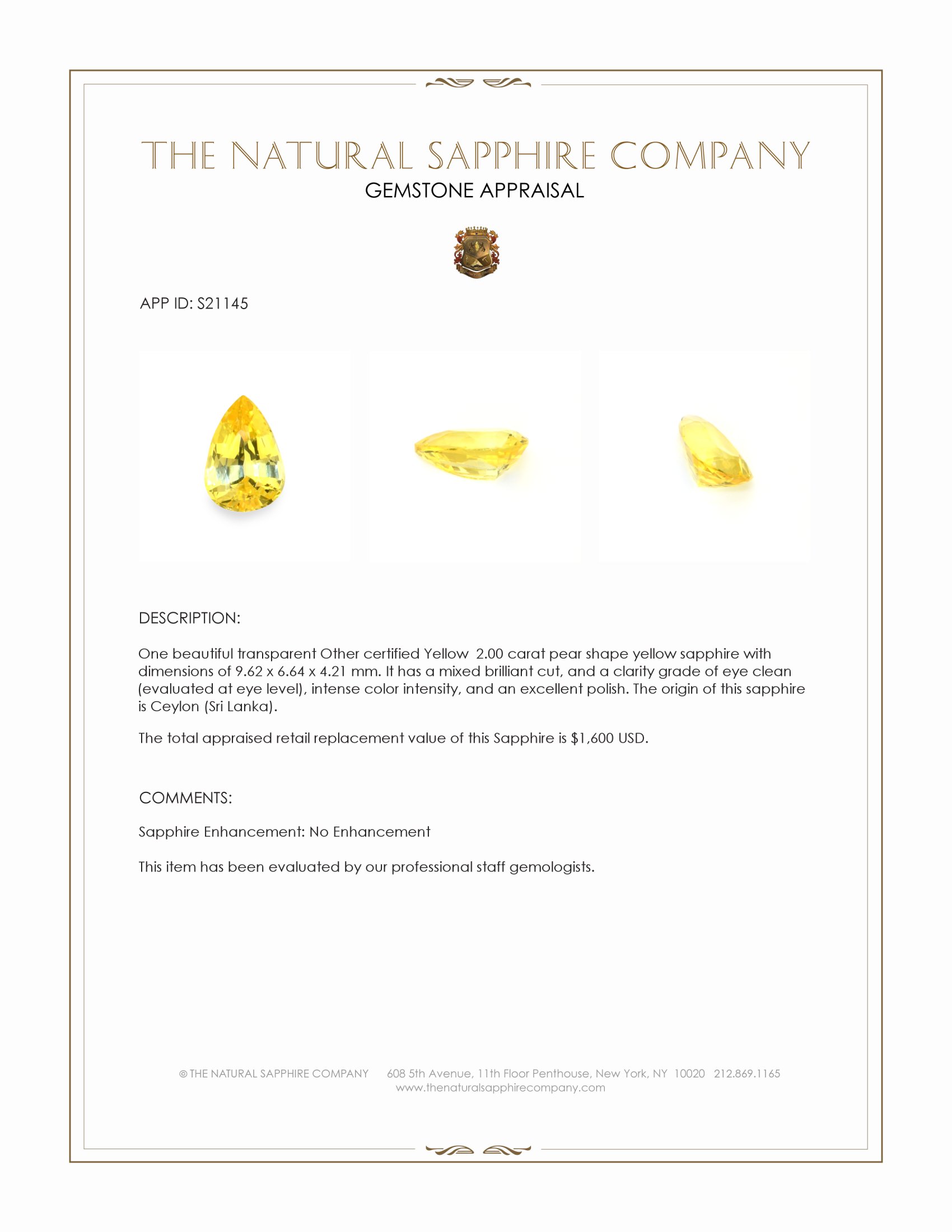 2.00 Ct. Yellow Sapphire from Ceylon (Sri Lanka)