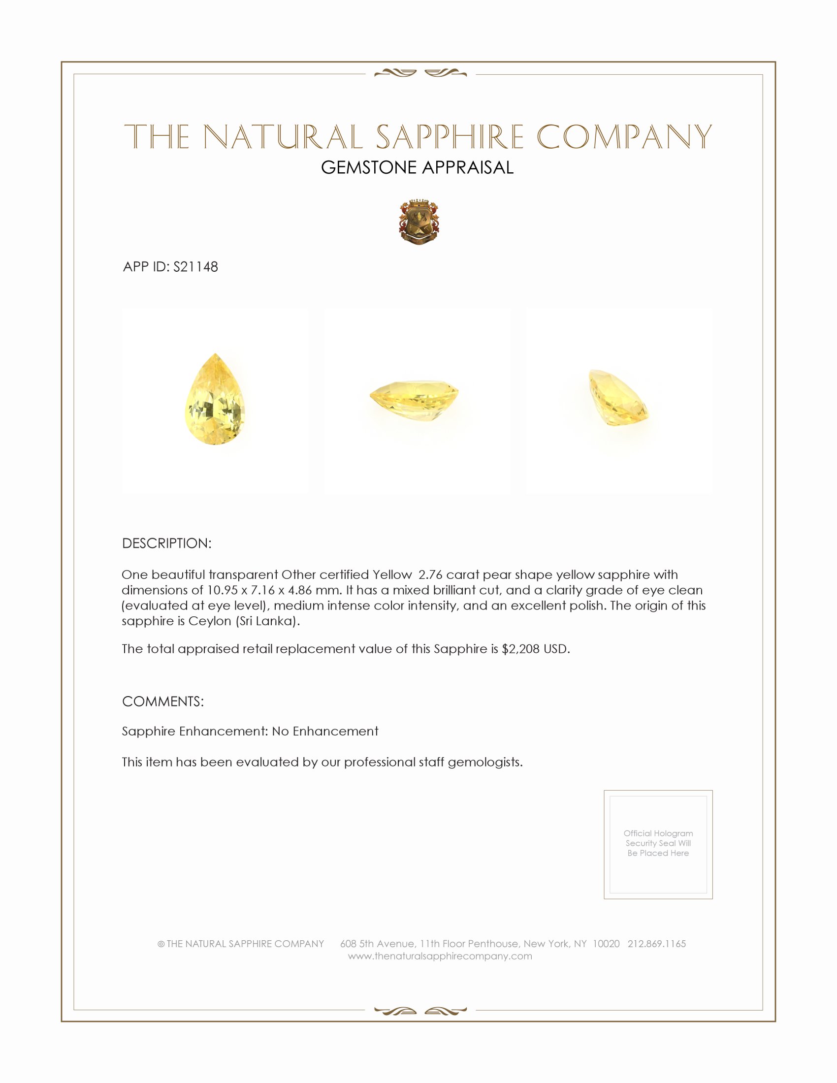 2.76 Ct. Yellow Sapphire from Ceylon (Sri Lanka)