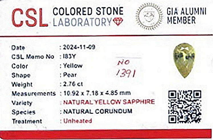 2.76 Ct. Yellow Sapphire from Ceylon (Sri Lanka)