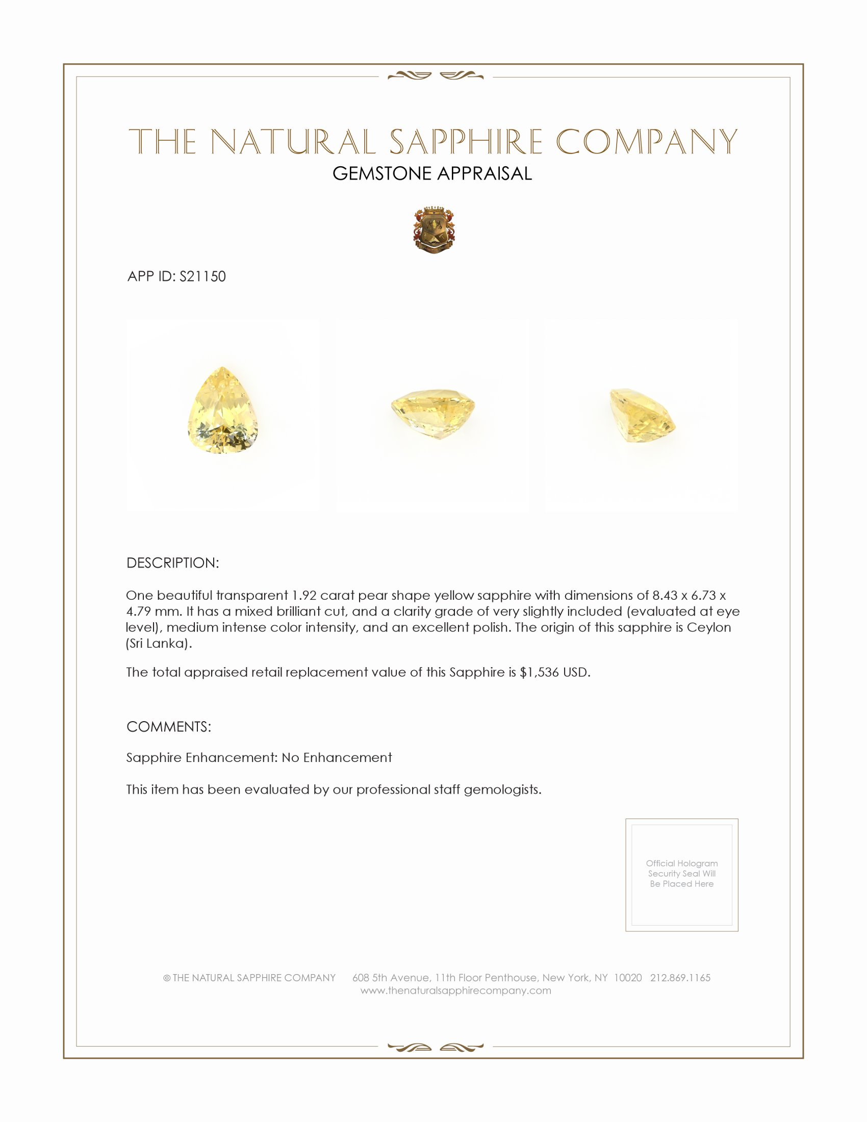 1.92 Ct. Yellow Sapphire from Ceylon (Sri Lanka)