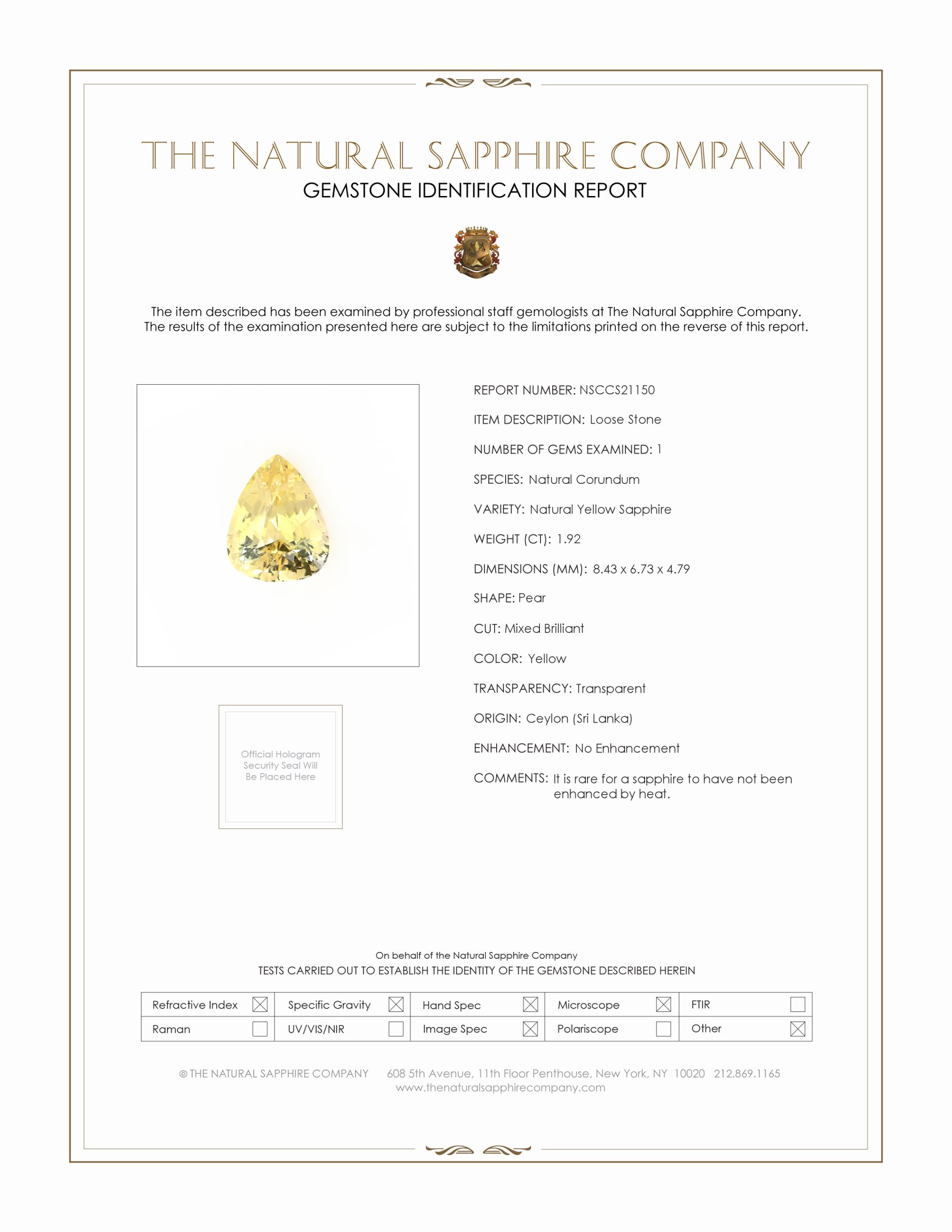 1.92 Ct. Yellow Sapphire from Ceylon (Sri Lanka)
