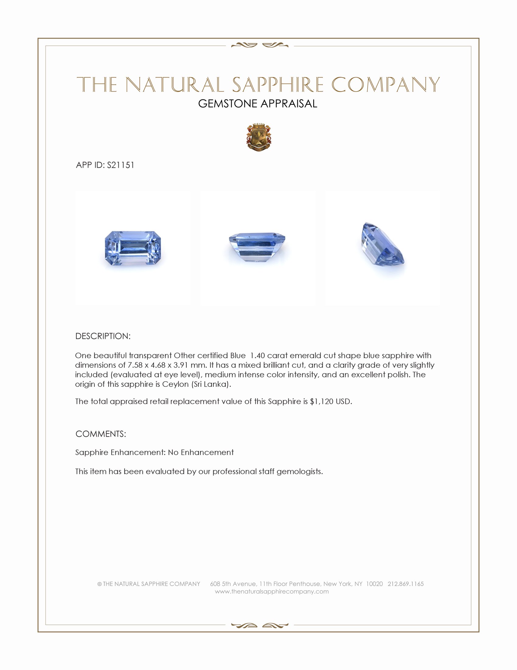 1.40 Ct. Blue Sapphire from Ceylon (Sri Lanka)