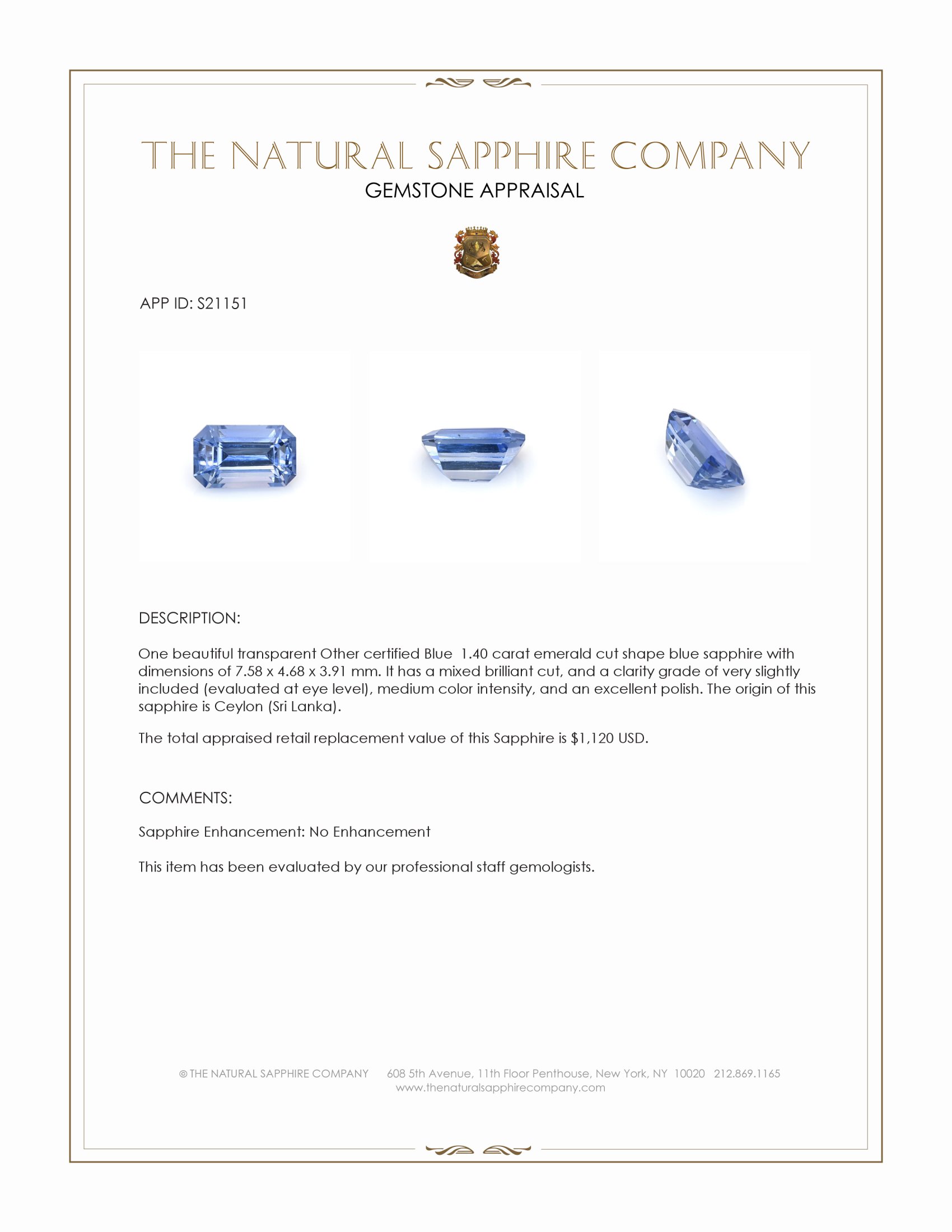 1.40 Ct. Blue Sapphire from Ceylon (Sri Lanka)