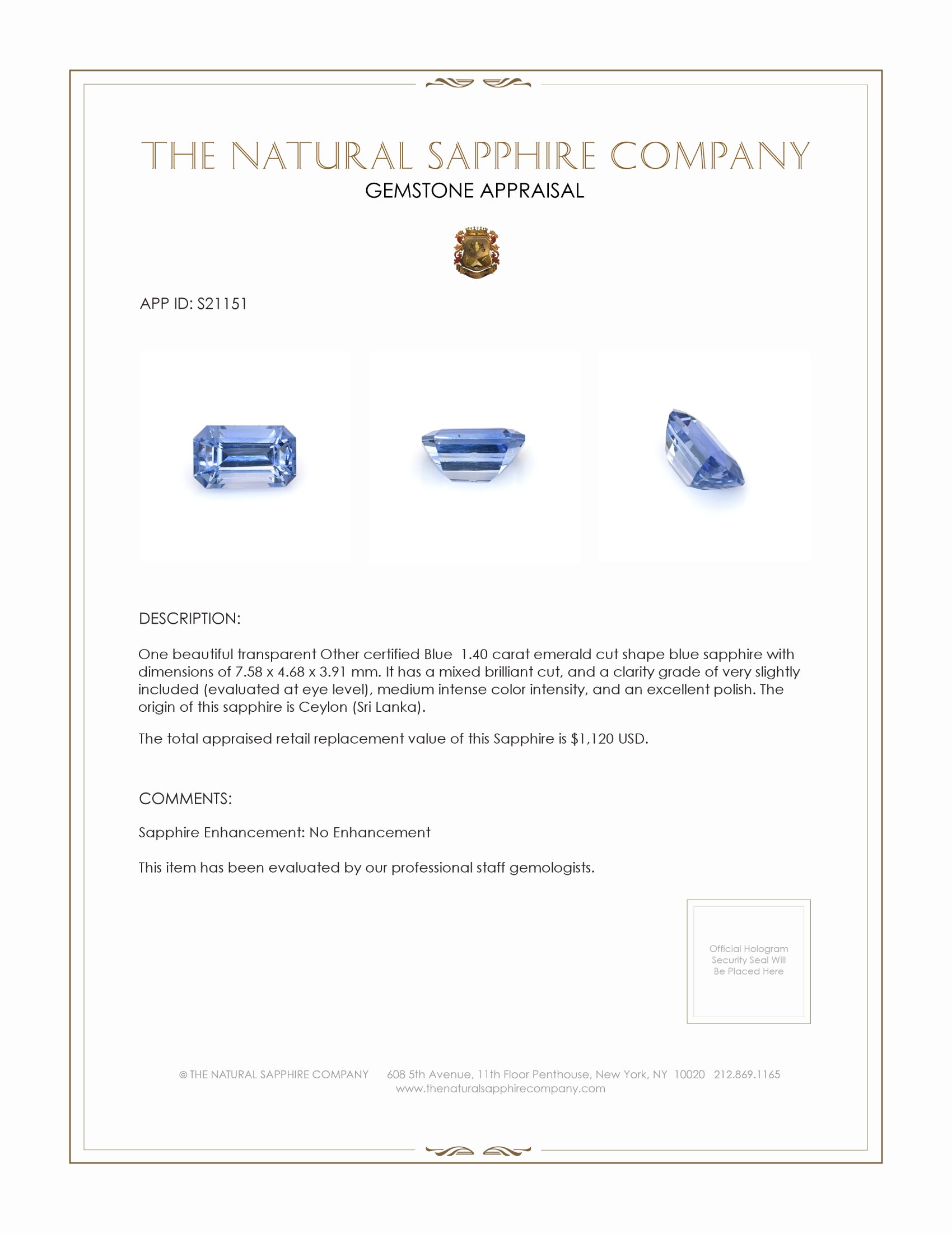 1.40 Ct. Blue Sapphire from Ceylon (Sri Lanka)