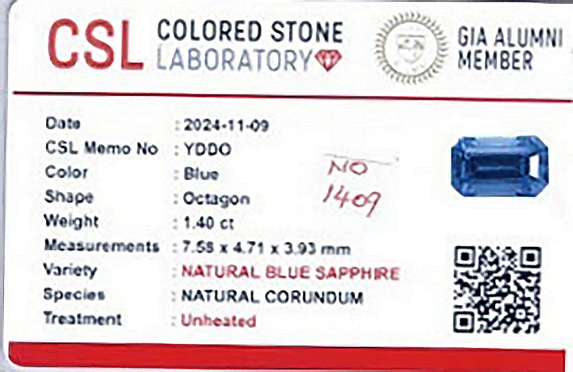 1.40 Ct. Blue Sapphire from Ceylon (Sri Lanka)