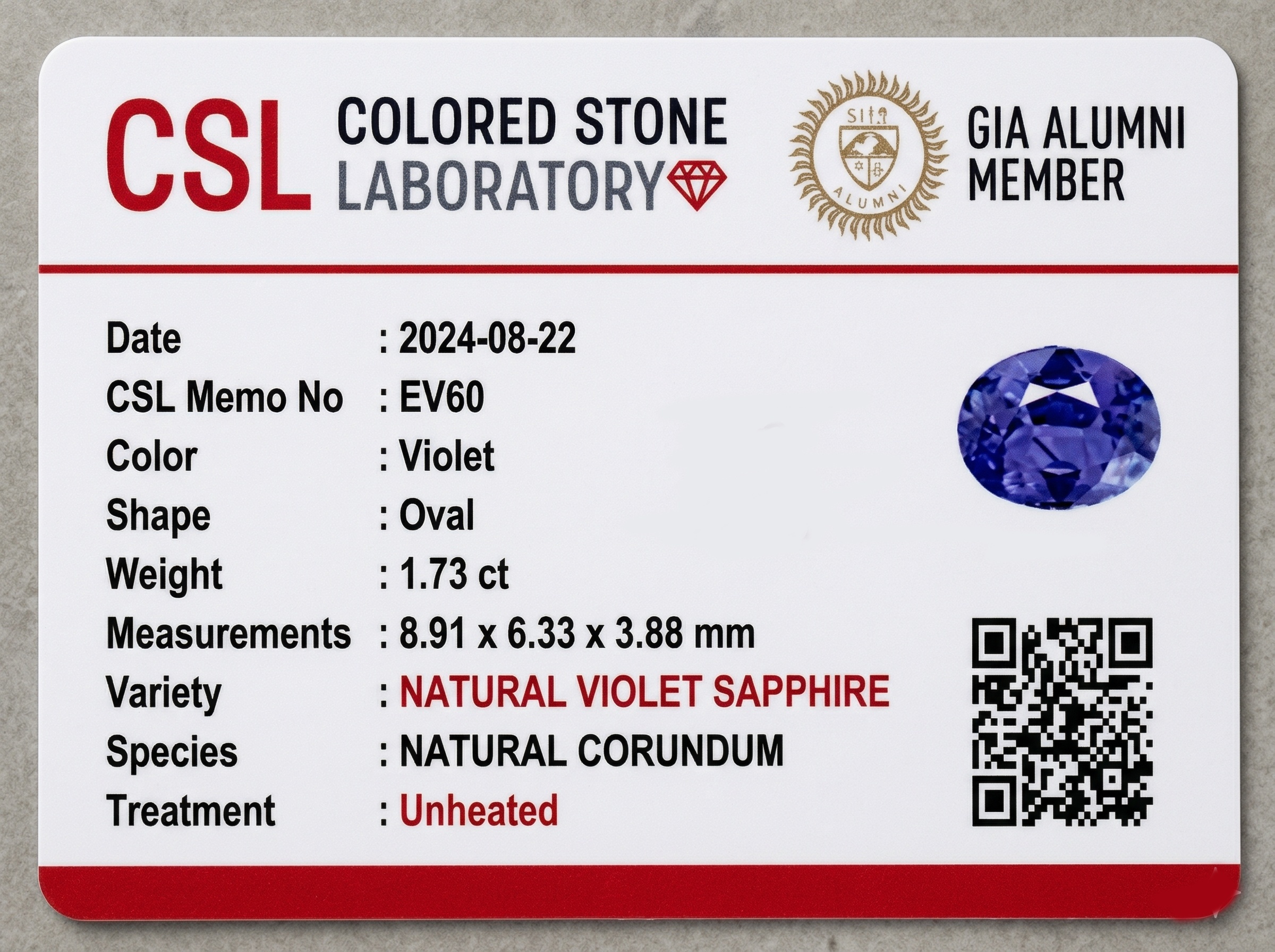 1.73 Ct. Violet Sapphire from Ceylon (Sri Lanka)