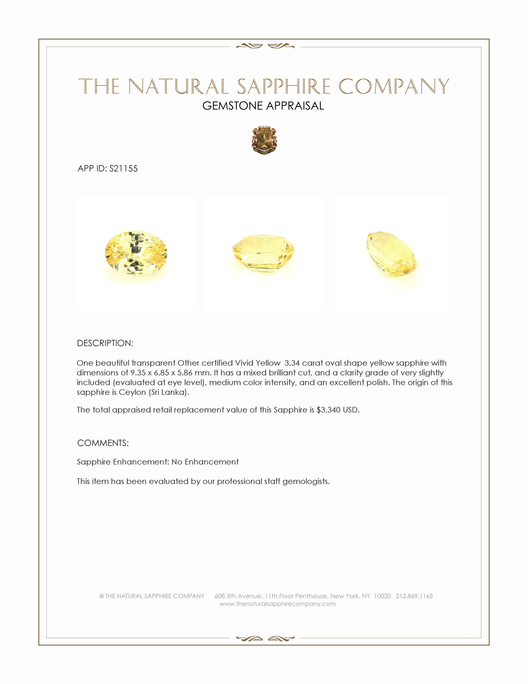 3.34 Ct. Yellow Sapphire from Ceylon (Sri Lanka)