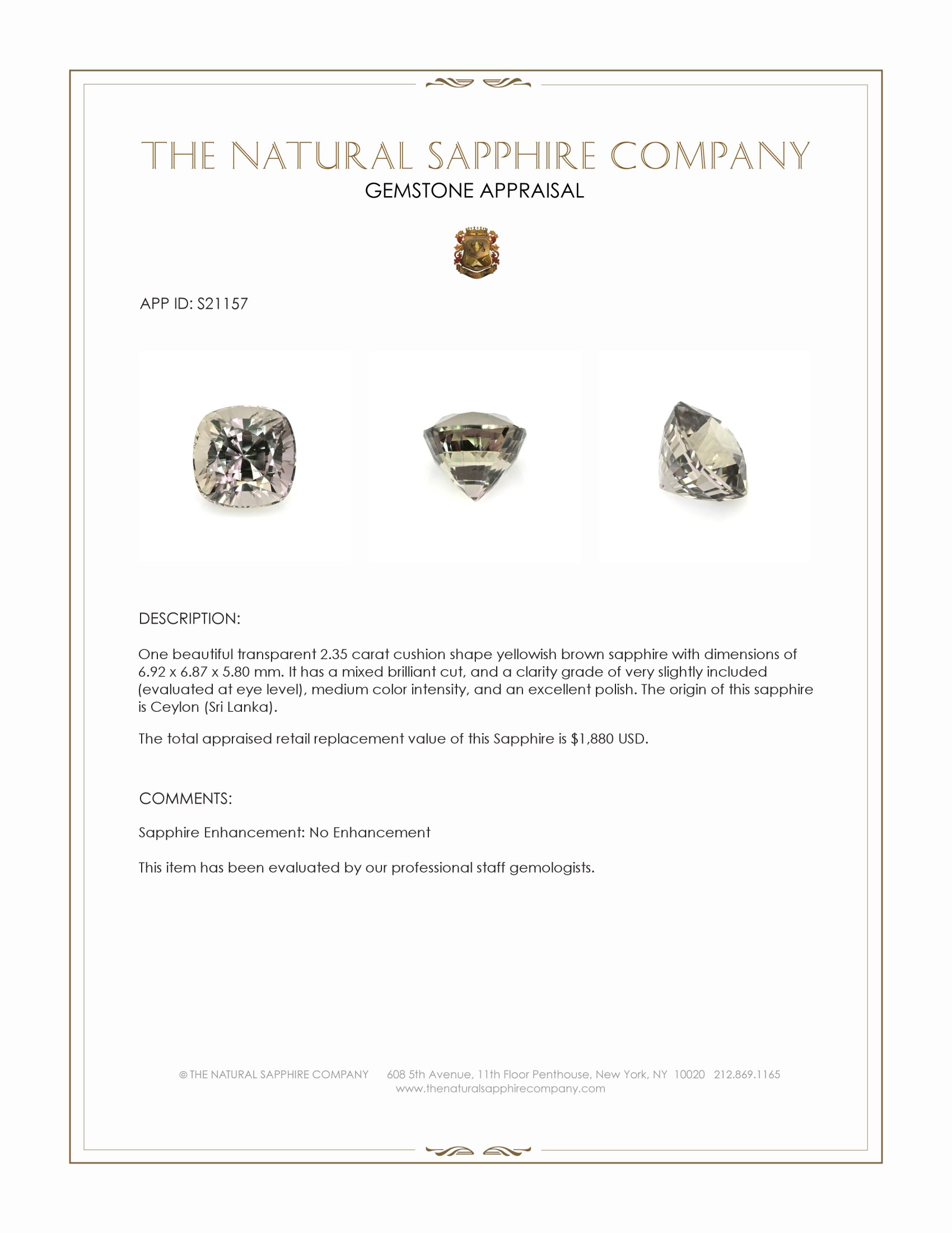 2.35 Ct. Yellowish Brown Sapphire from Ceylon (Sri Lanka)