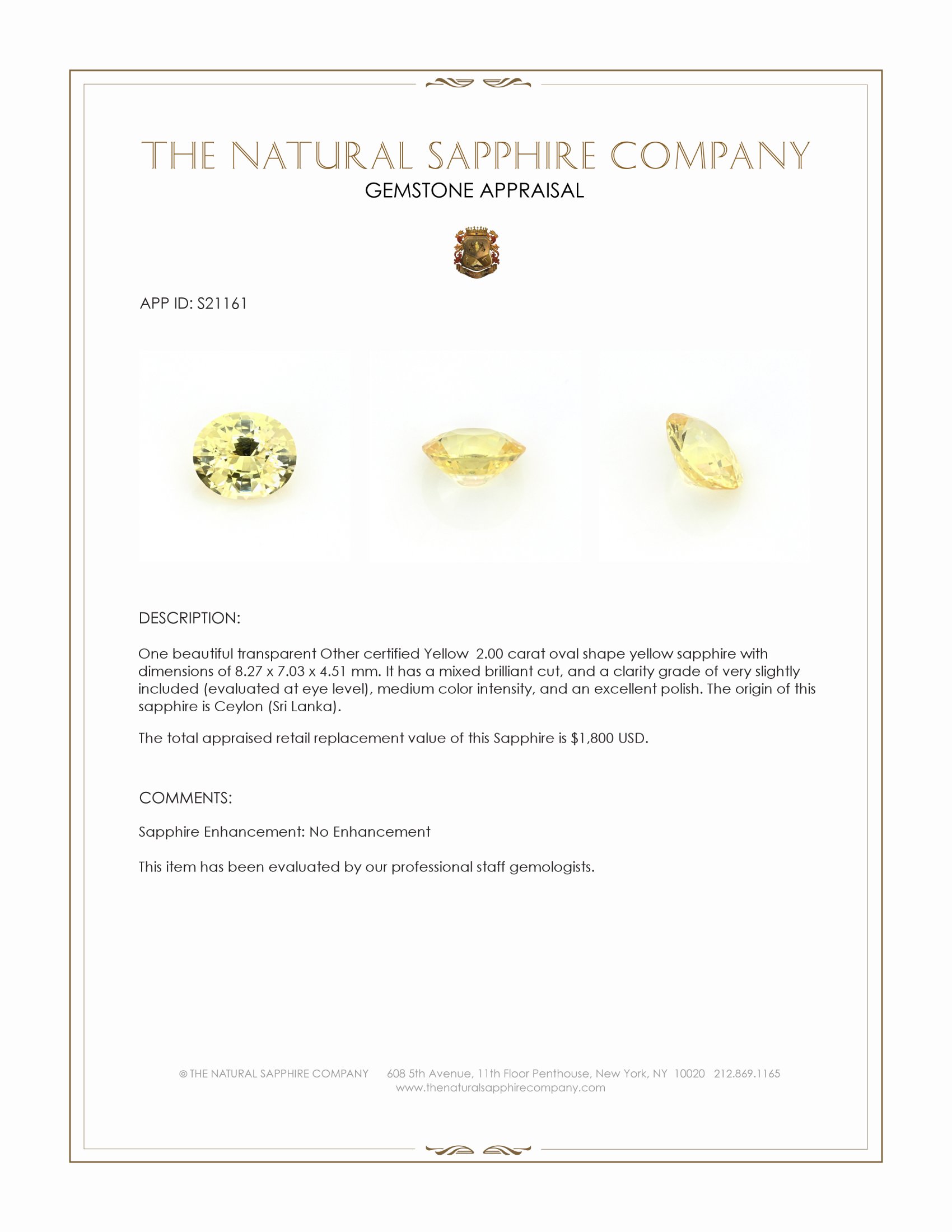 2.00 Ct. Yellow Sapphire from Ceylon (Sri Lanka)