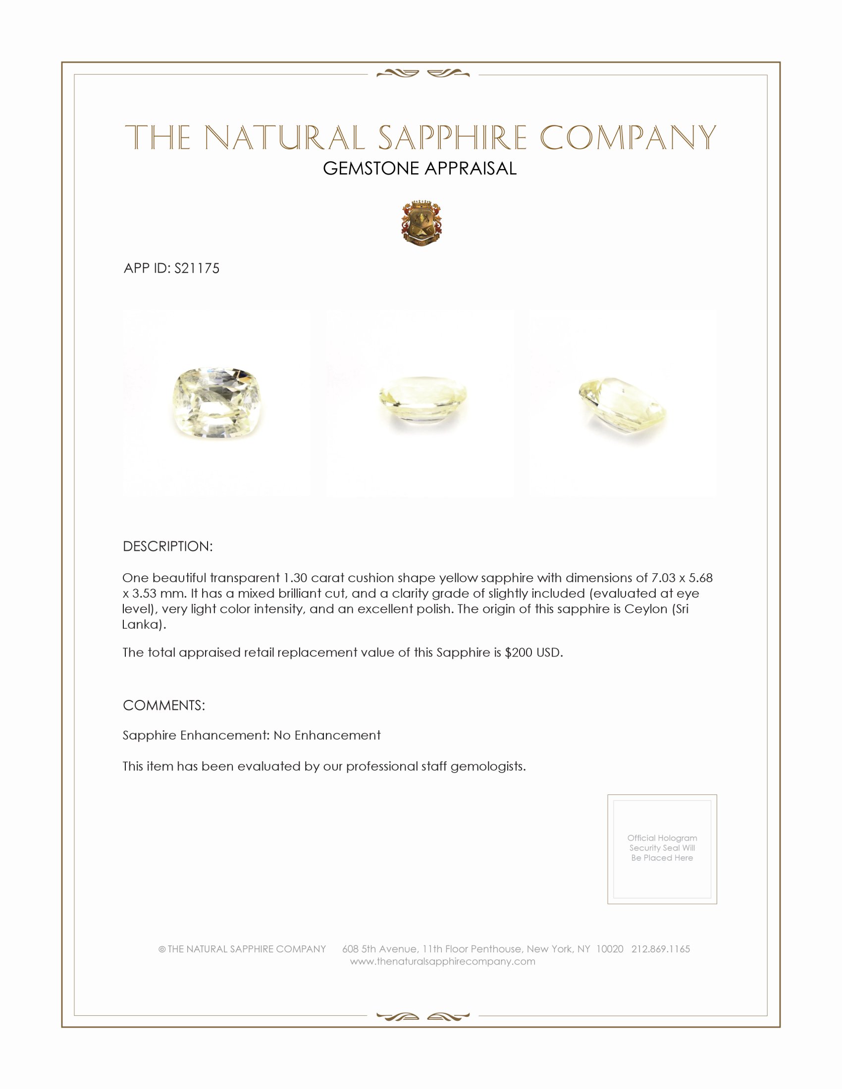 1.30 Ct. Yellow Sapphire from Ceylon (Sri Lanka)