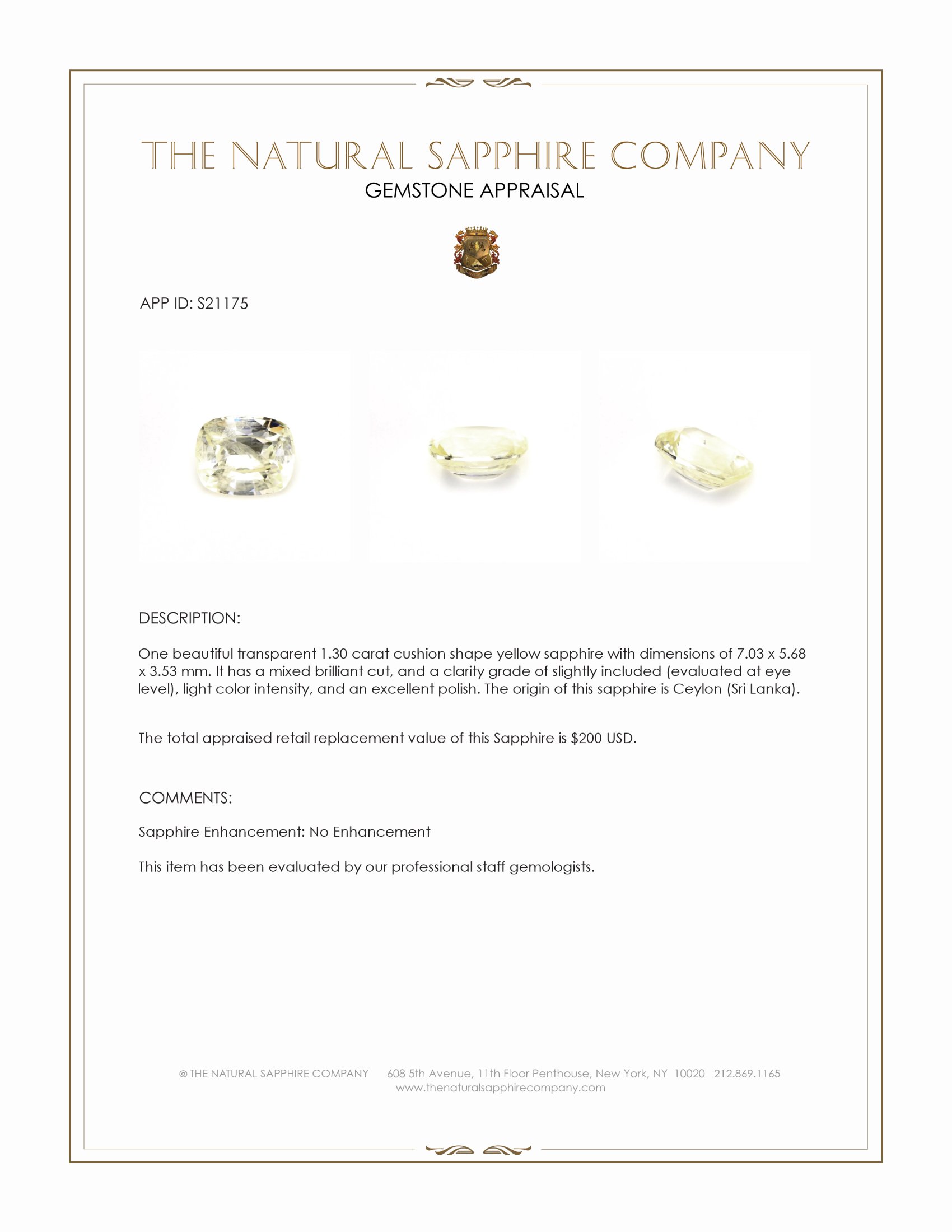 1.30 Ct. Yellow Sapphire from Ceylon (Sri Lanka)