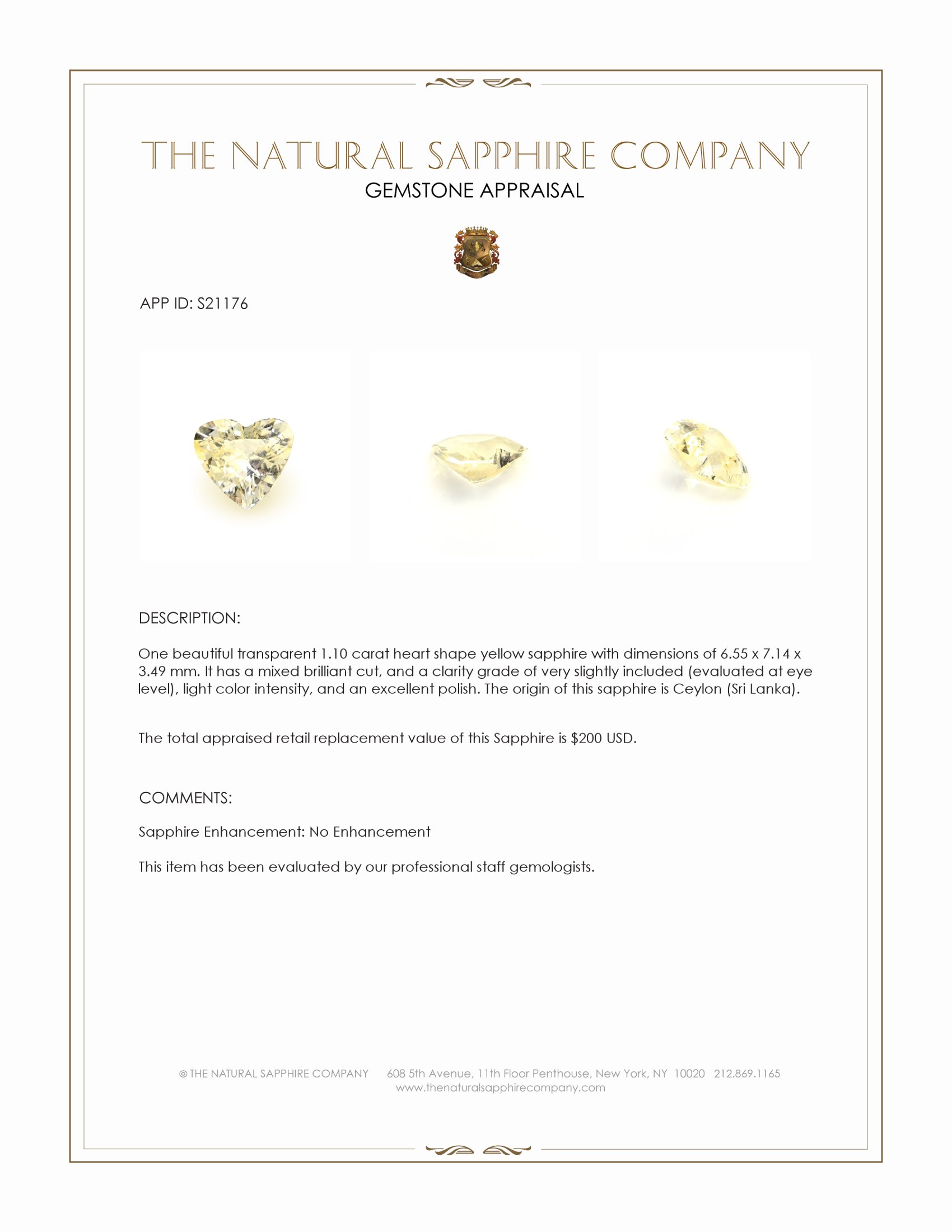 1.10 Ct. Yellow Sapphire from Ceylon (Sri Lanka)