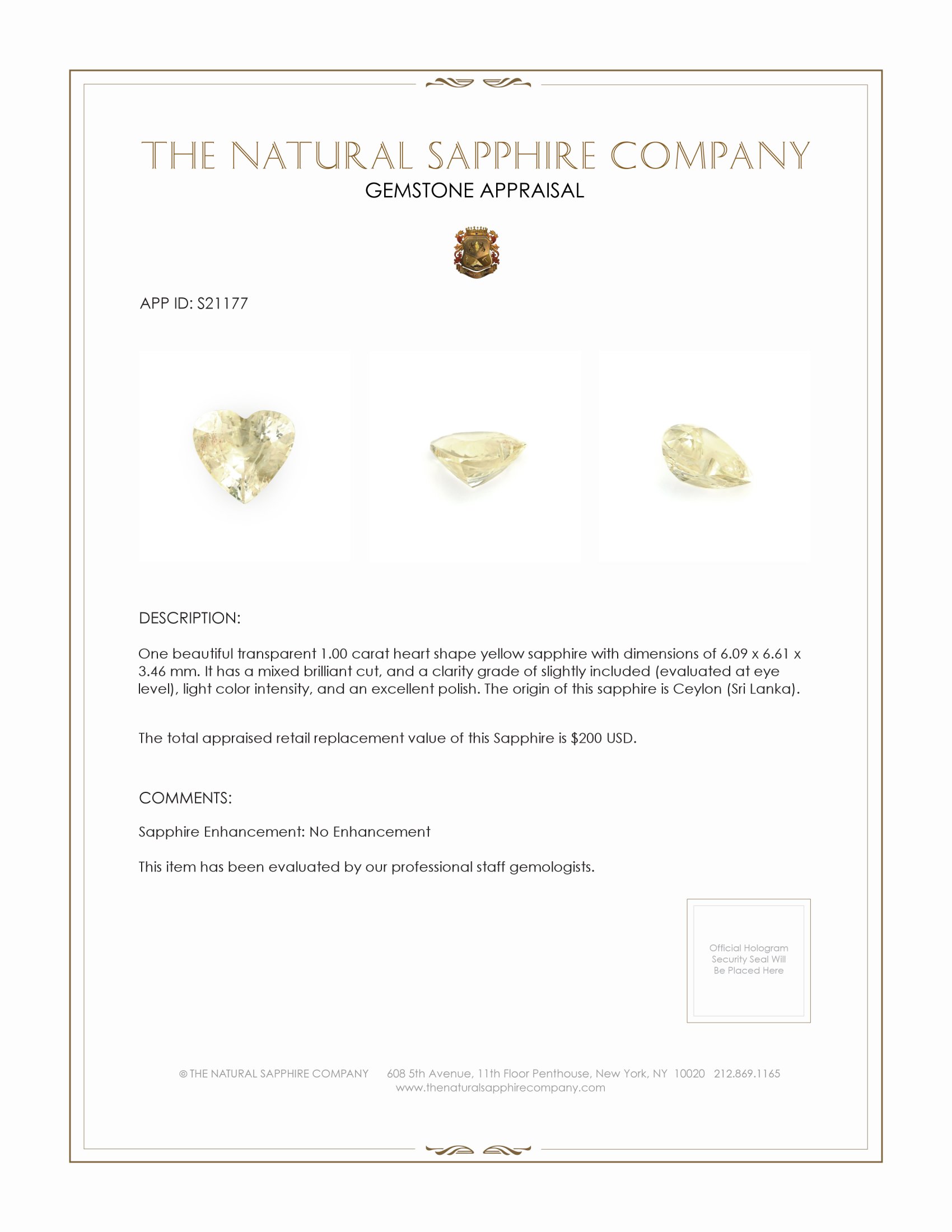 1.00 Ct. Yellow Sapphire from Ceylon (Sri Lanka)