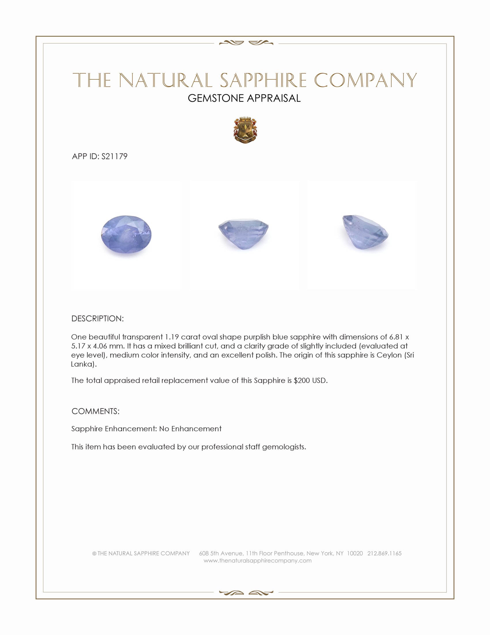 1.19 Ct. Purplish Blue Sapphire from Ceylon (Sri Lanka)