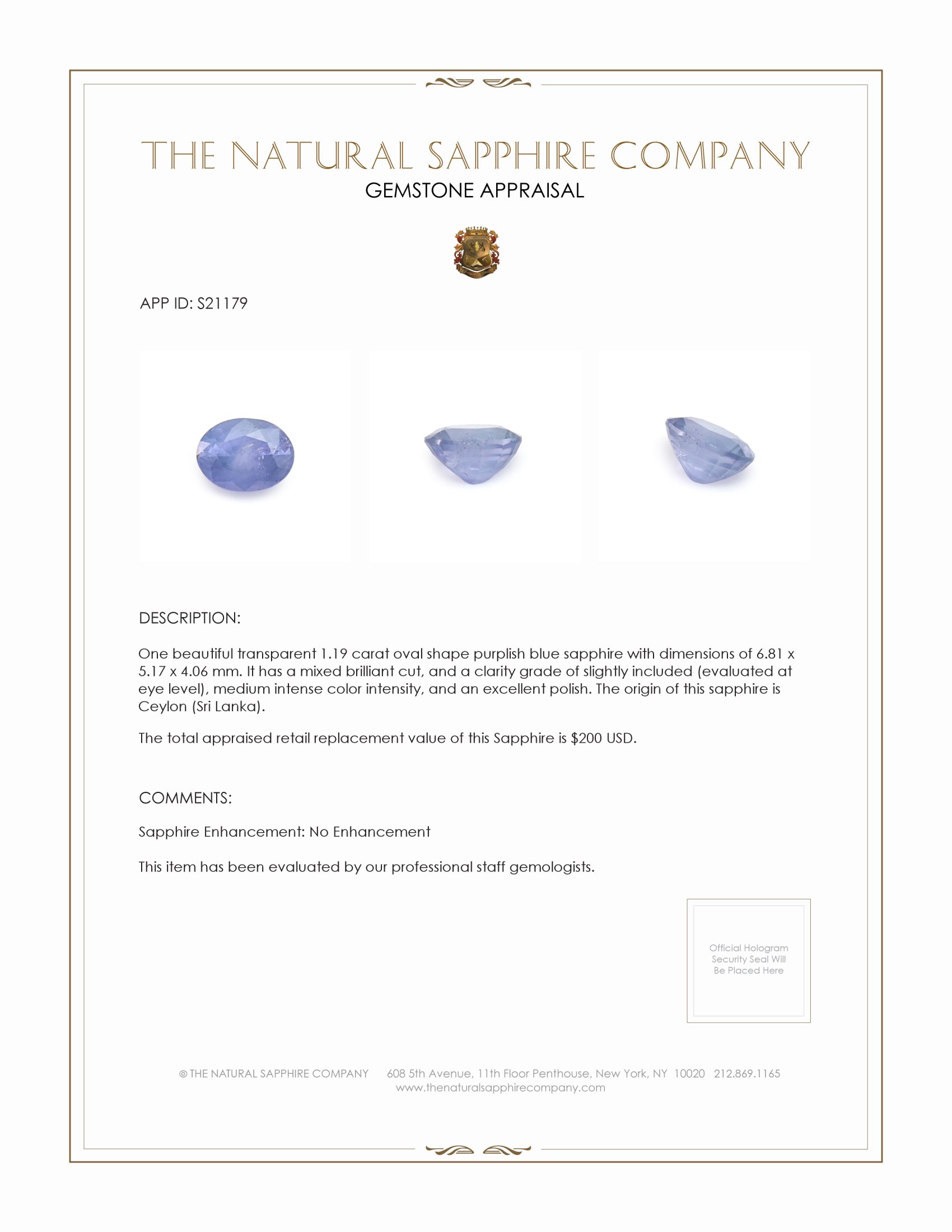 1.19 Ct. Purplish Blue Sapphire from Ceylon (Sri Lanka)