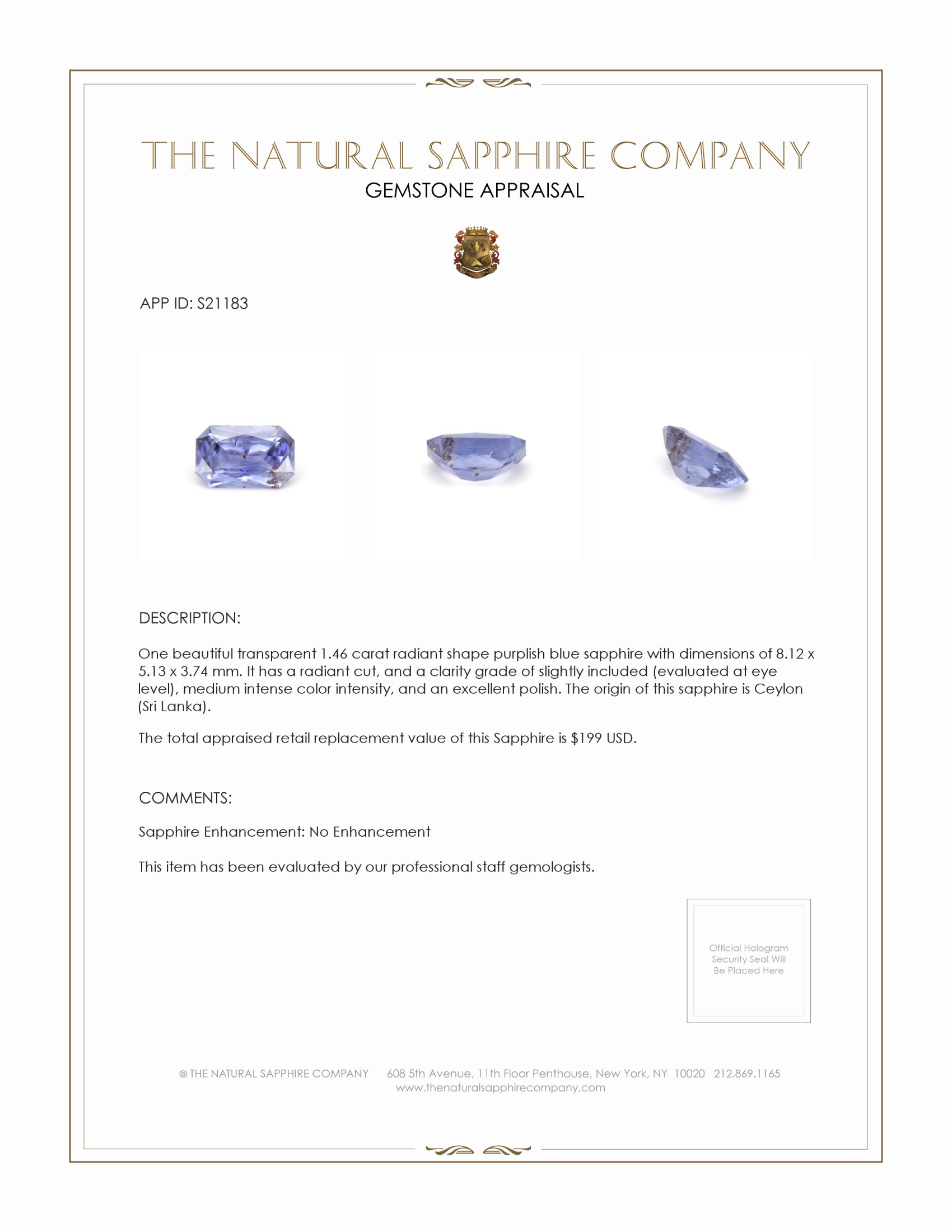 1.46 Ct. Purplish Blue Sapphire from Ceylon (Sri Lanka)