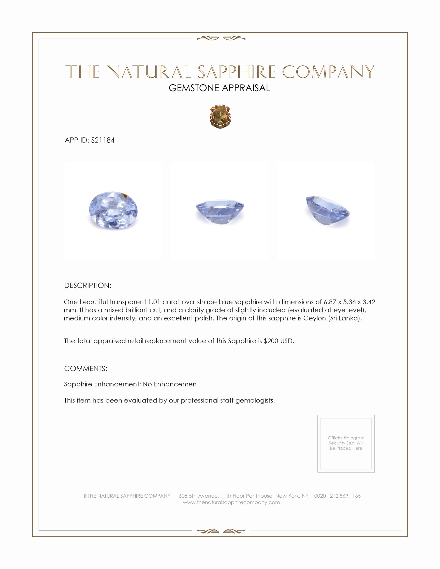 1.01 Ct. Blue Sapphire from Ceylon (Sri Lanka)