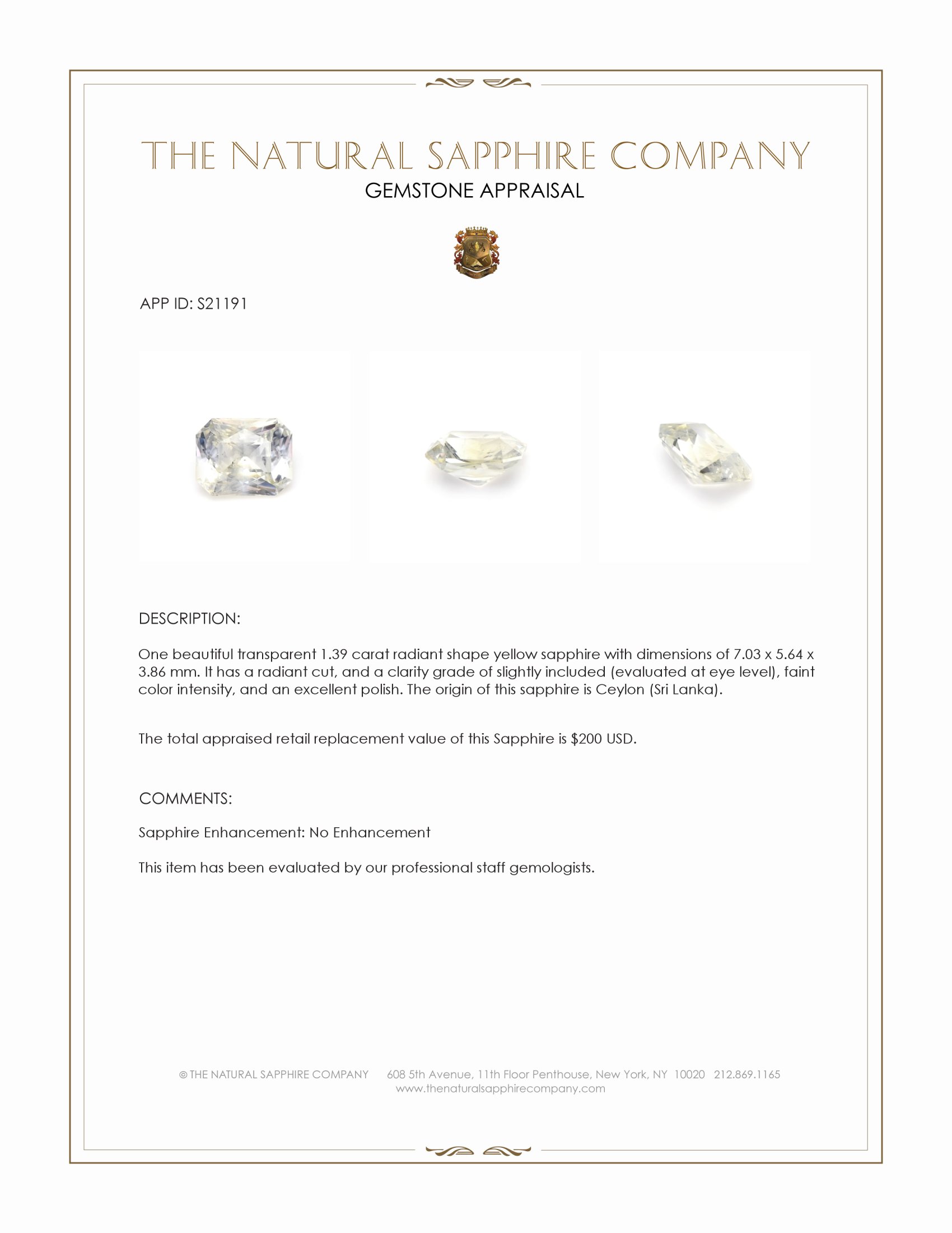 1.39 Ct. Yellow Sapphire from Ceylon (Sri Lanka)