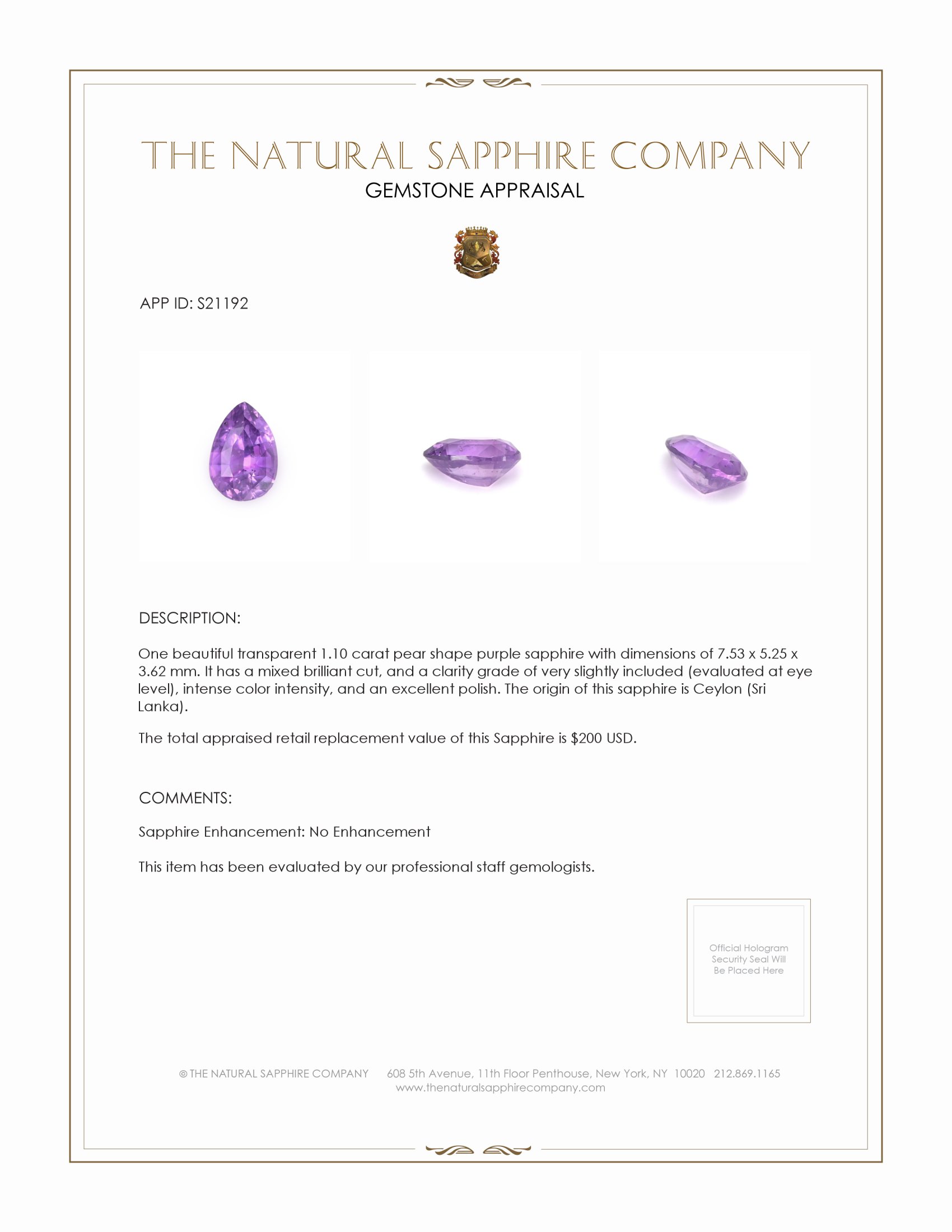 1.10 Ct. Purple Sapphire from Ceylon (Sri Lanka)