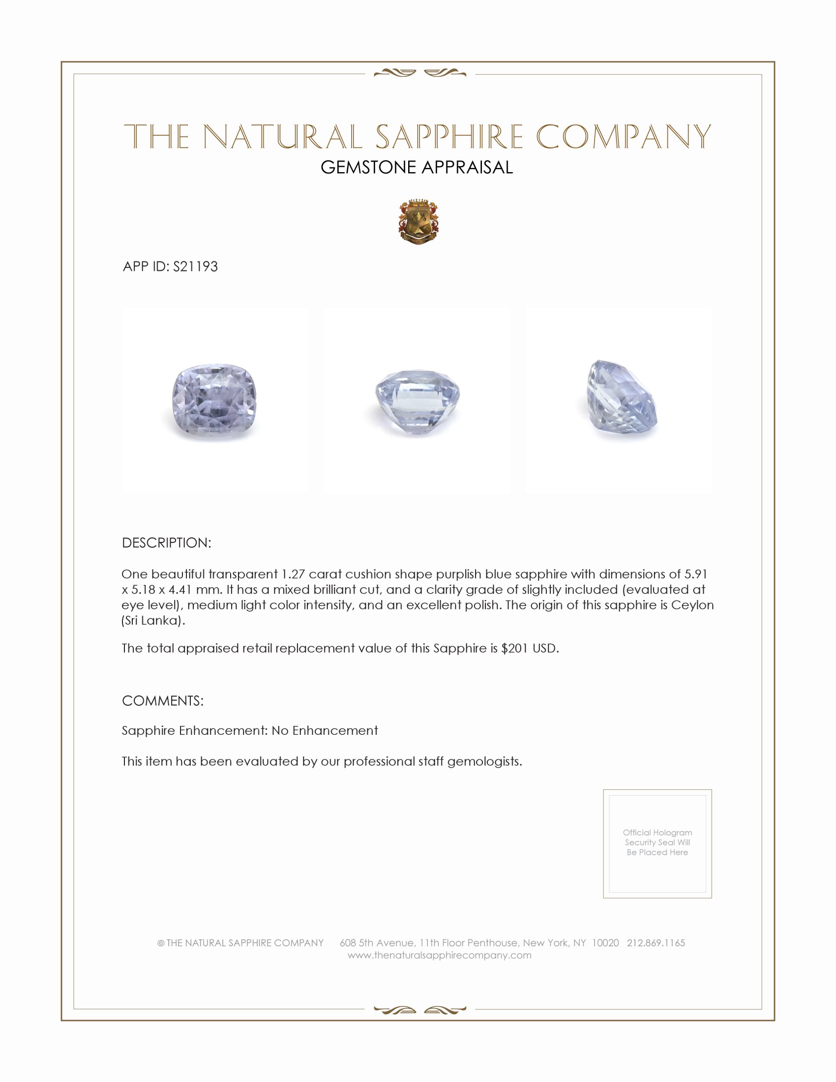 1.27 Ct. Purplish Blue Sapphire from Ceylon (Sri Lanka)