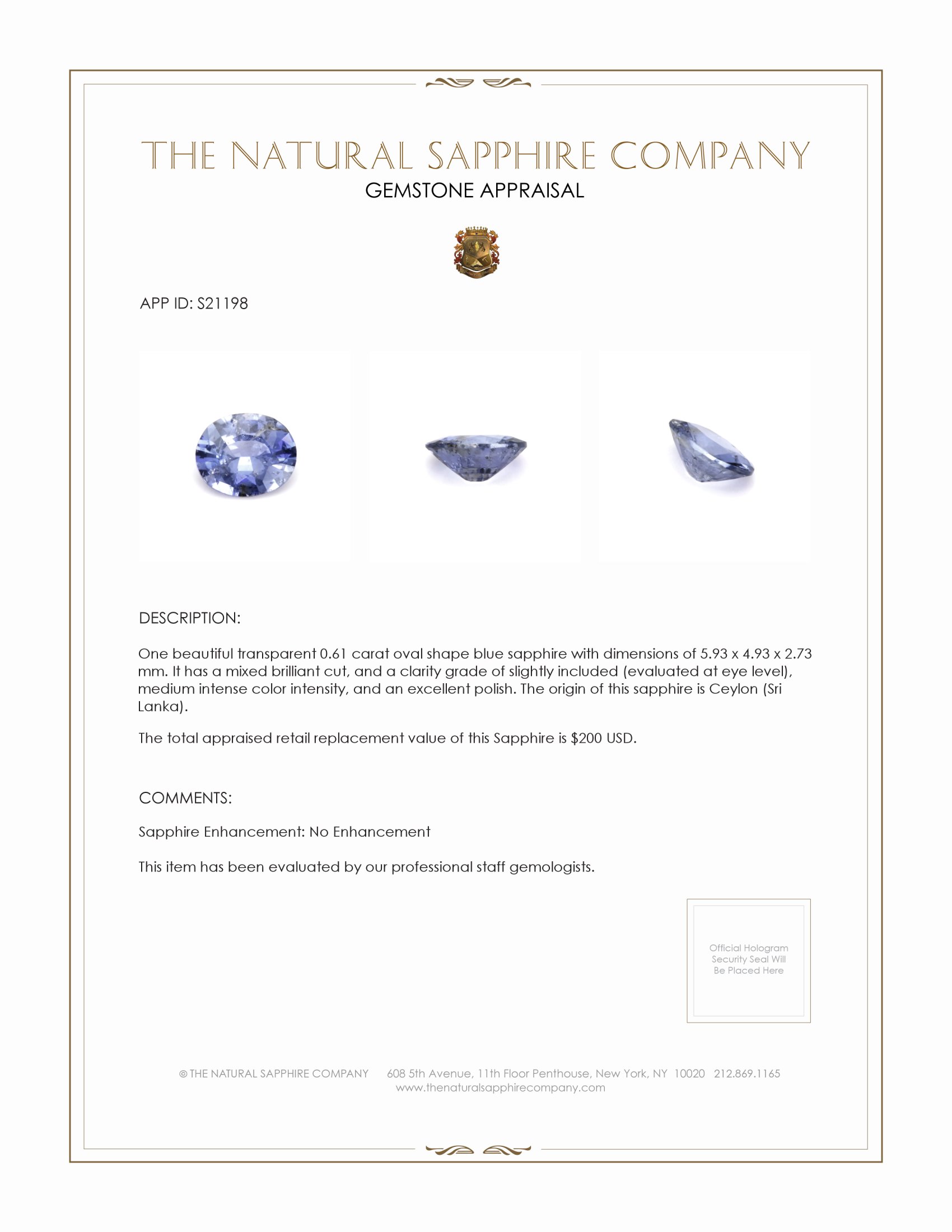 0.61 Ct. Blue Sapphire from Ceylon (Sri Lanka)