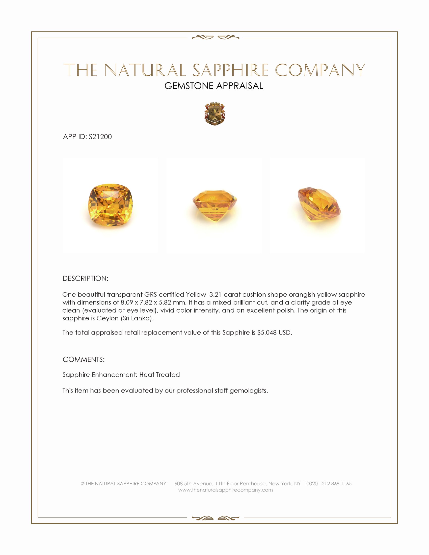 3.21 Ct. Orangish Yellow Sapphire from Ceylon (Sri Lanka)