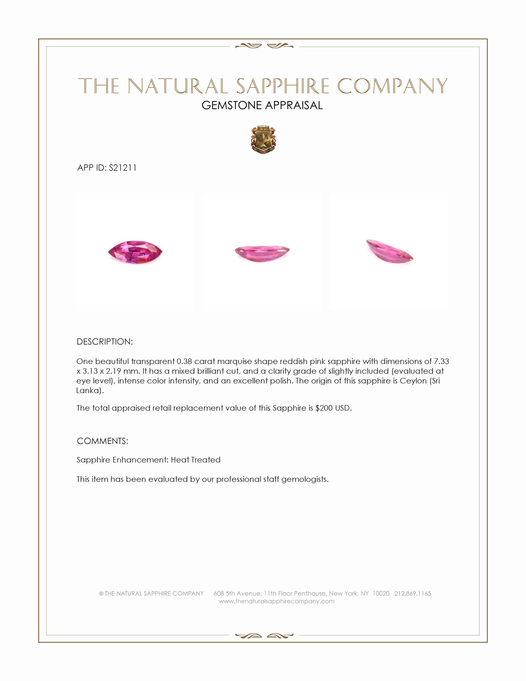 0.38 Ct. Reddish Pink Sapphire from Ceylon (Sri Lanka)