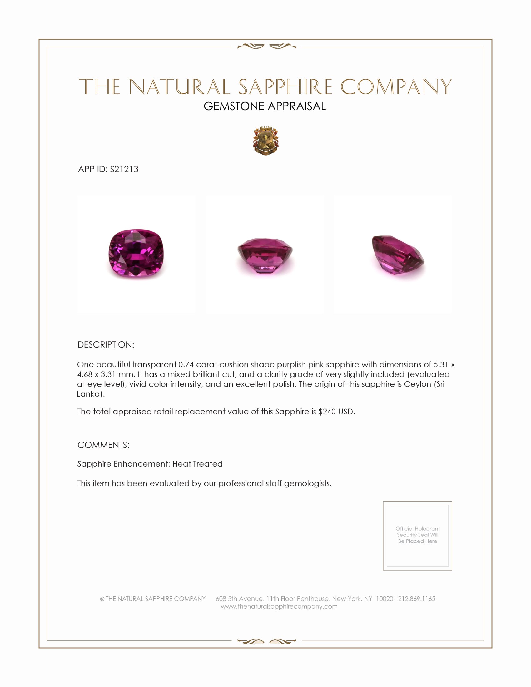 0.74 Ct. Purplish Pink Sapphire from Ceylon (Sri Lanka)