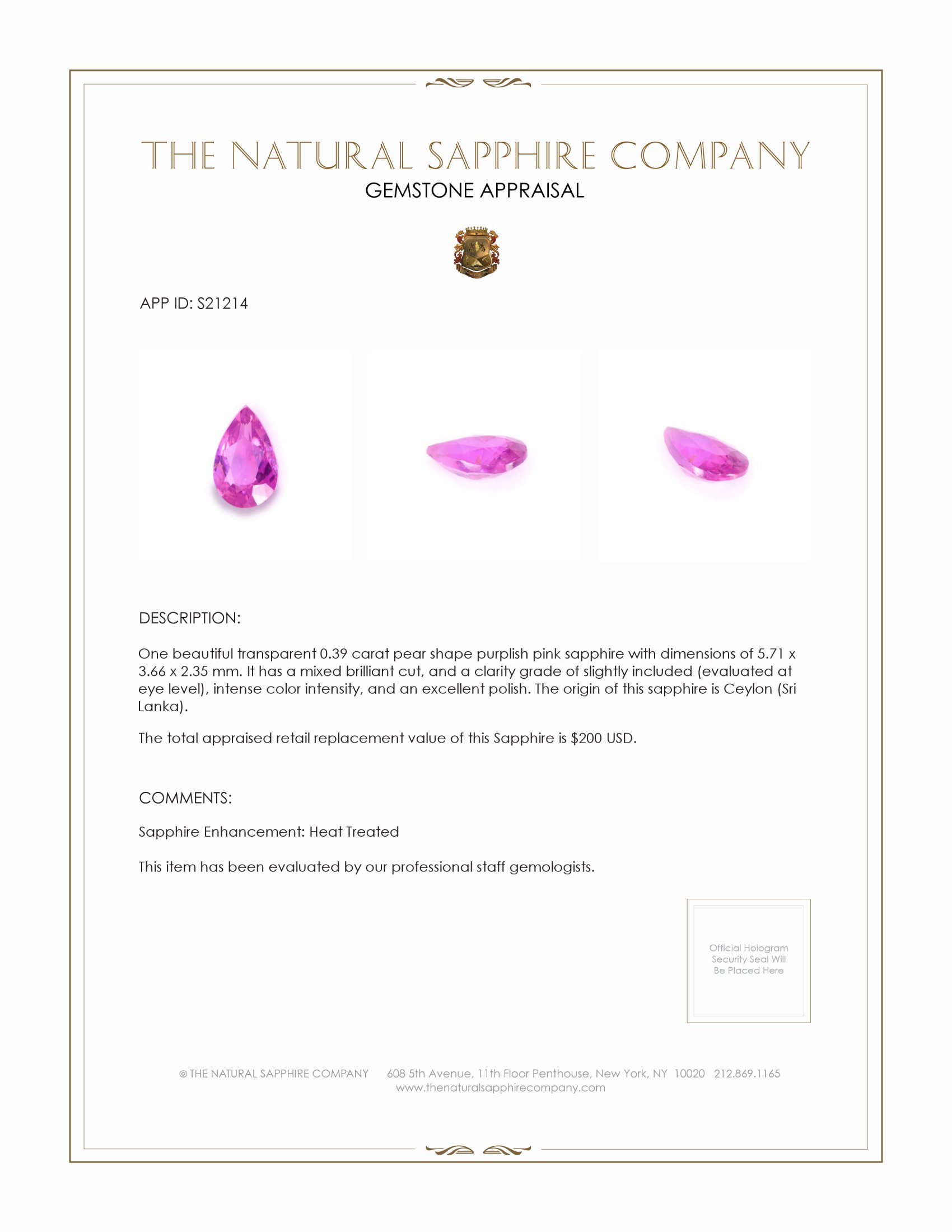 0.39 Ct. Purplish Pink Sapphire from Ceylon (Sri Lanka)