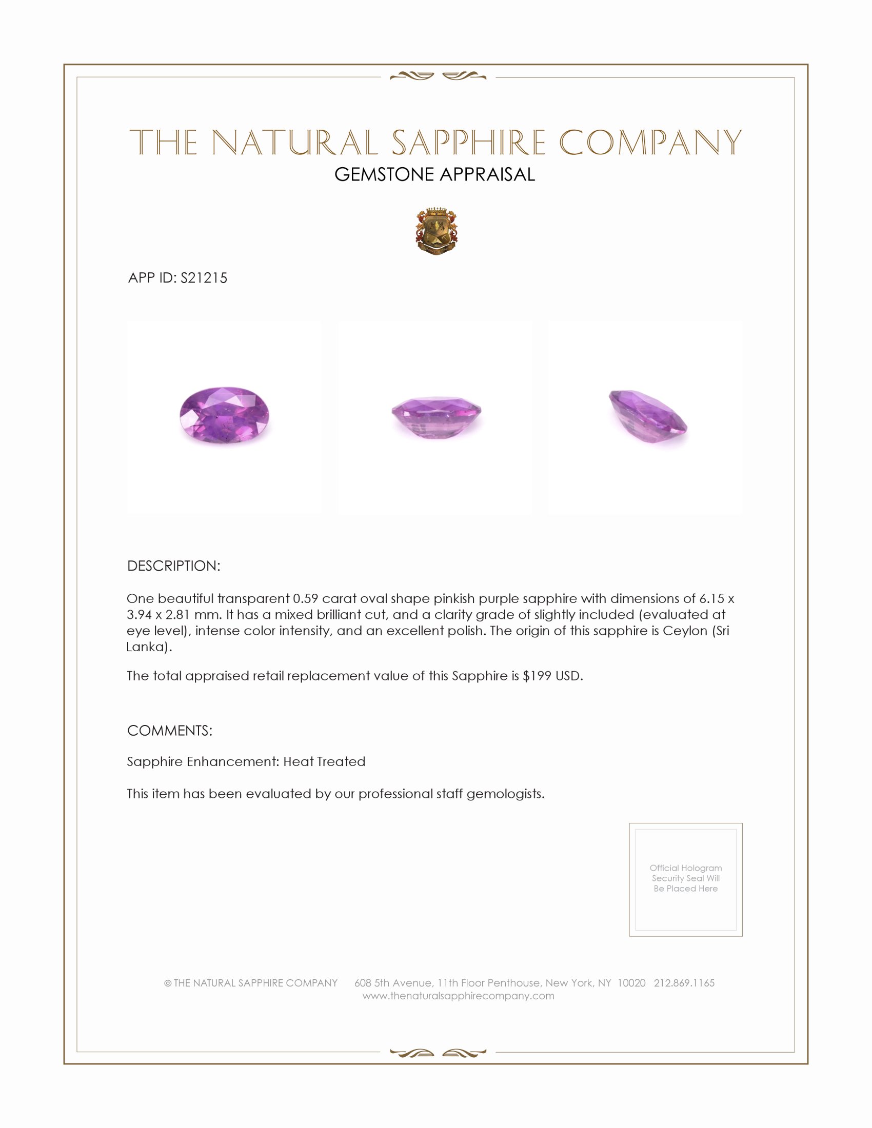 0.59 Ct. Pinkish Purple Sapphire from Ceylon (Sri Lanka)