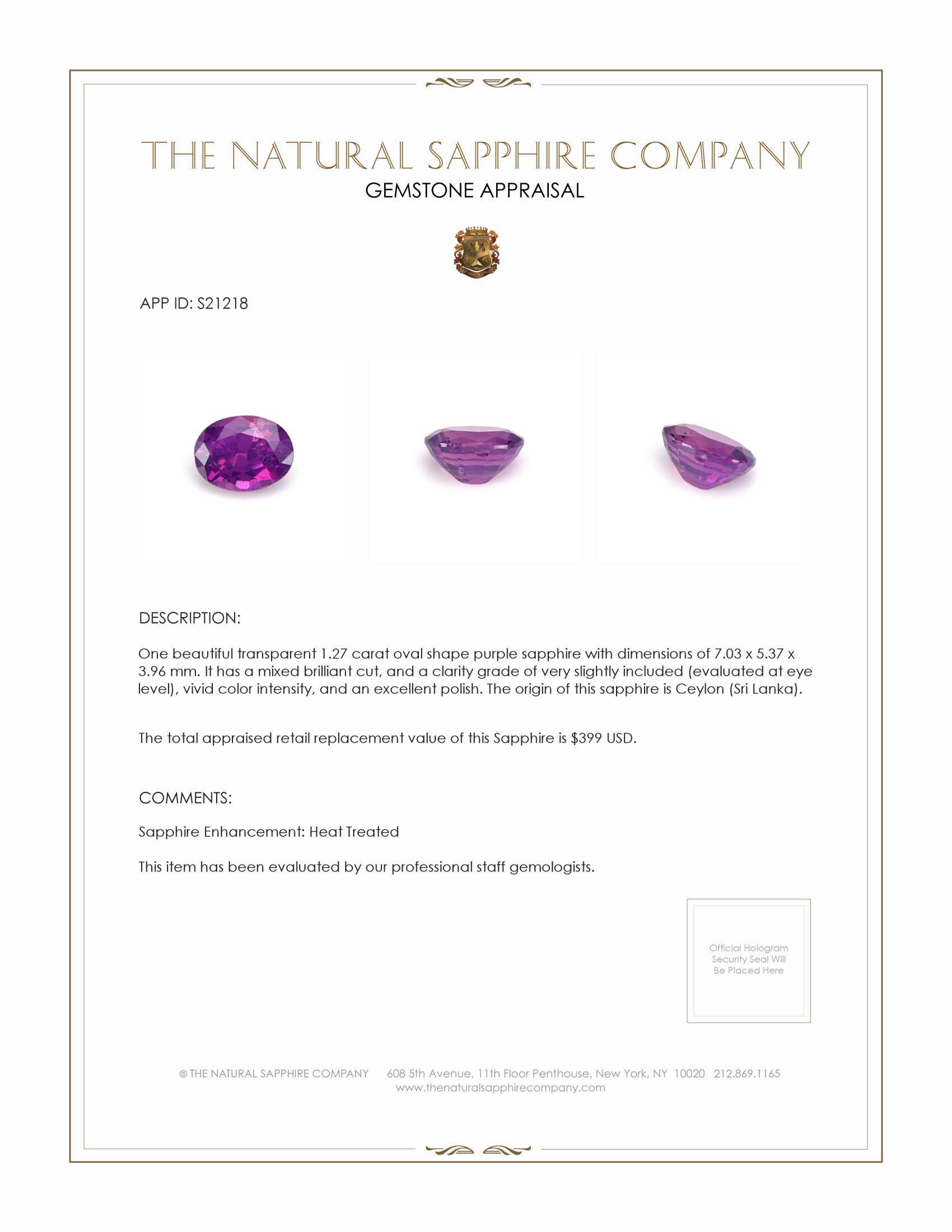 1.27 Ct. Purple Sapphire from Ceylon (Sri Lanka)
