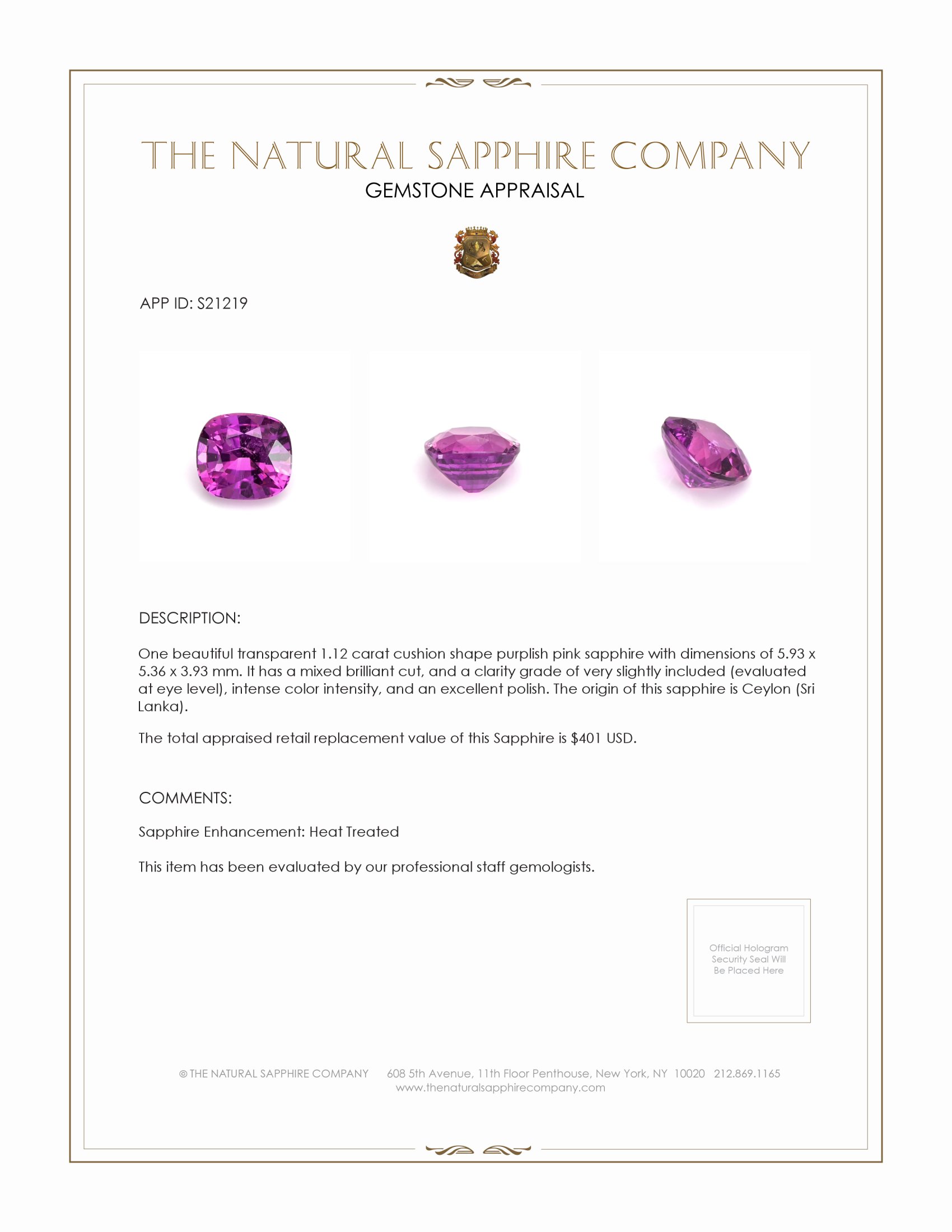 1.12 Ct. Purplish Pink Sapphire from Ceylon (Sri Lanka)