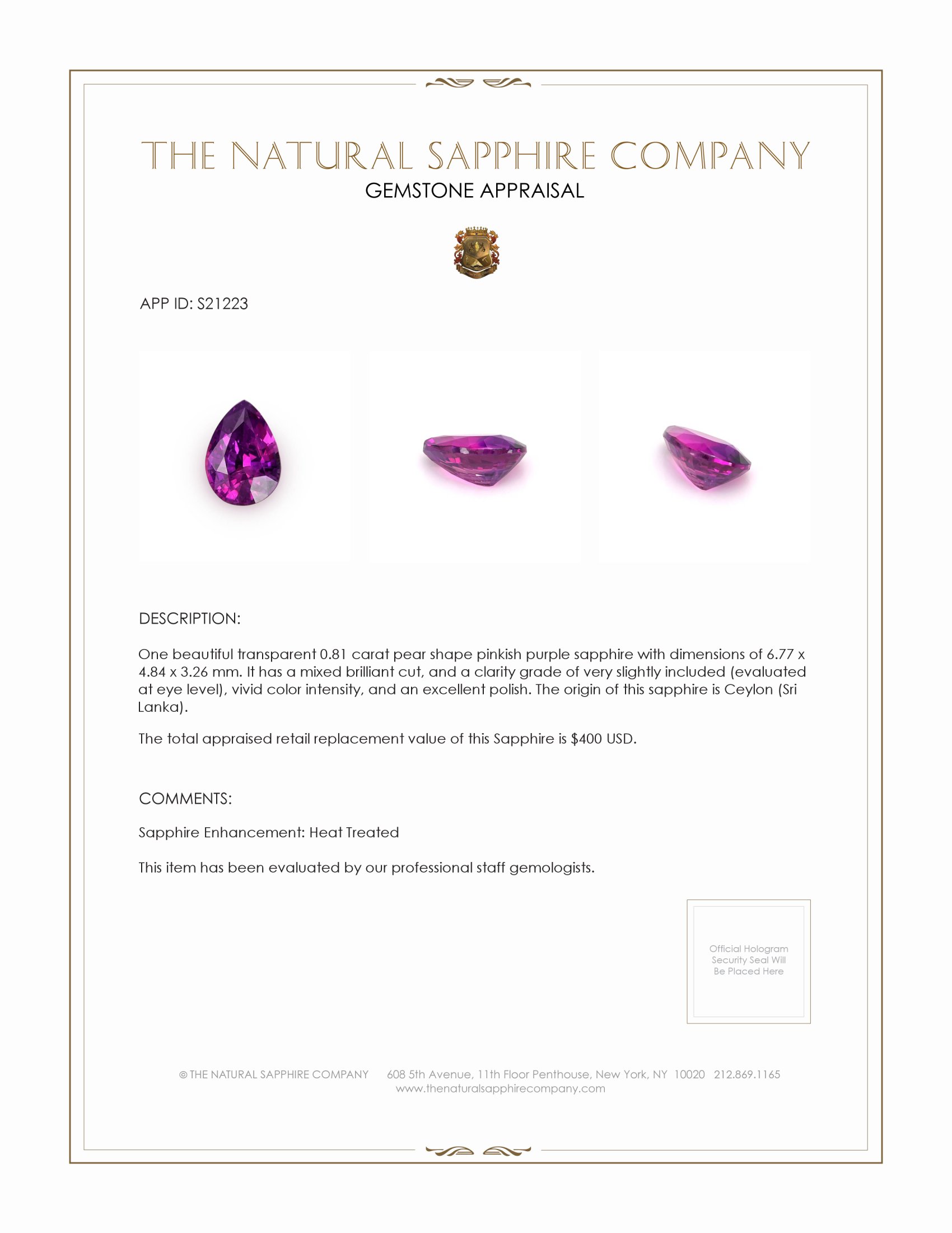 0.81 Ct. Pinkish Purple Sapphire from Ceylon (Sri Lanka)