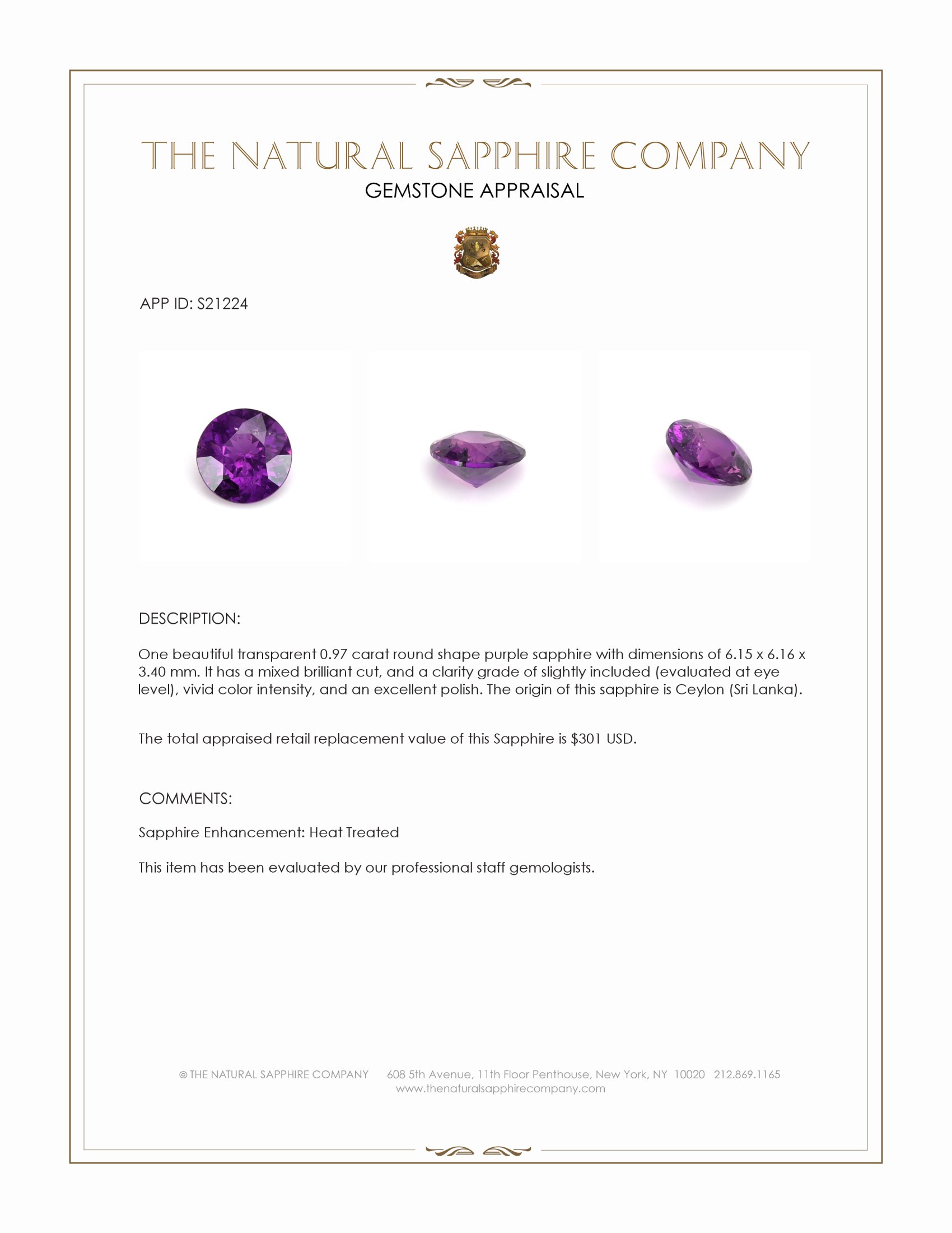 0.97 Ct. Purple Sapphire from Ceylon (Sri Lanka)